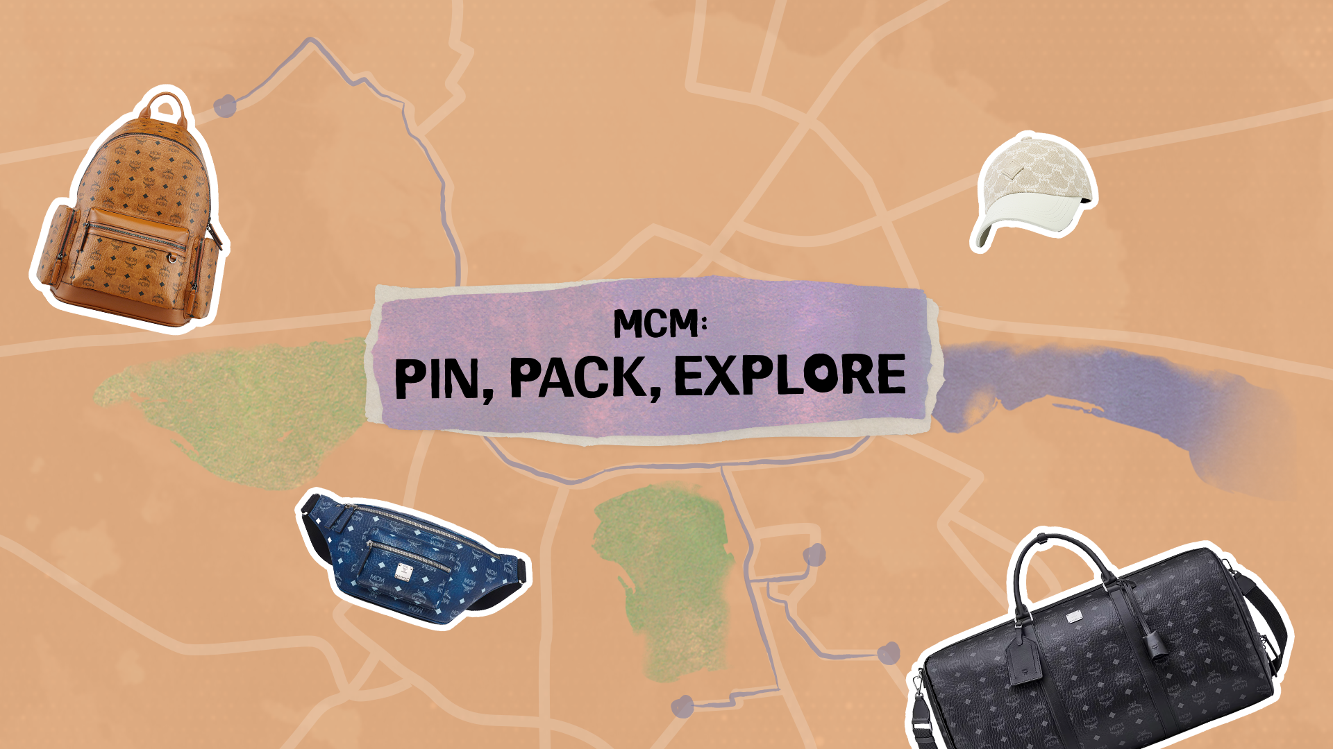 Map-themed background with MCM bags and a cap. Text reads "MCM: PIN, PACK, EXPLORE."