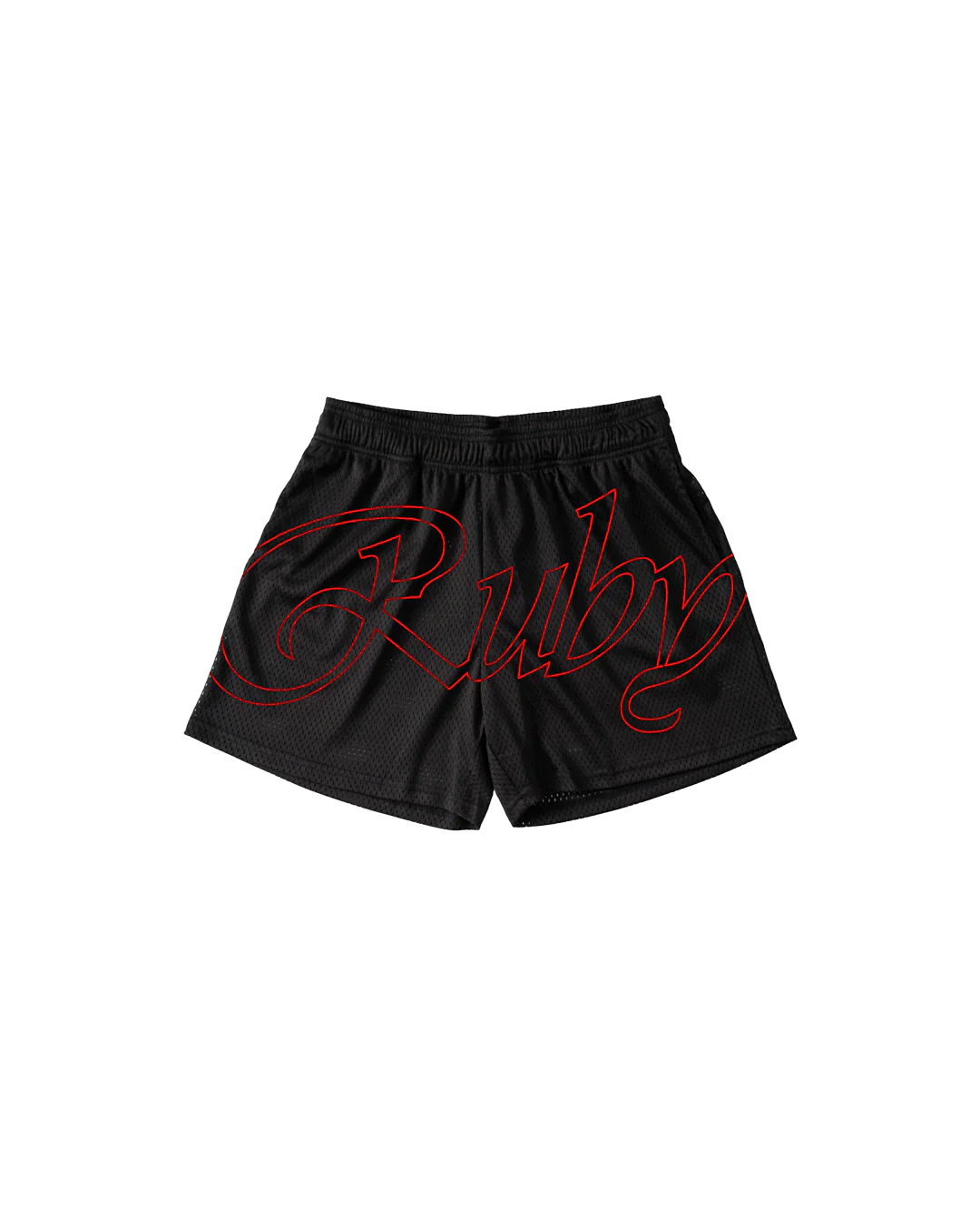 Black mesh shorts with "Ruby" written in large red cursive across the front.