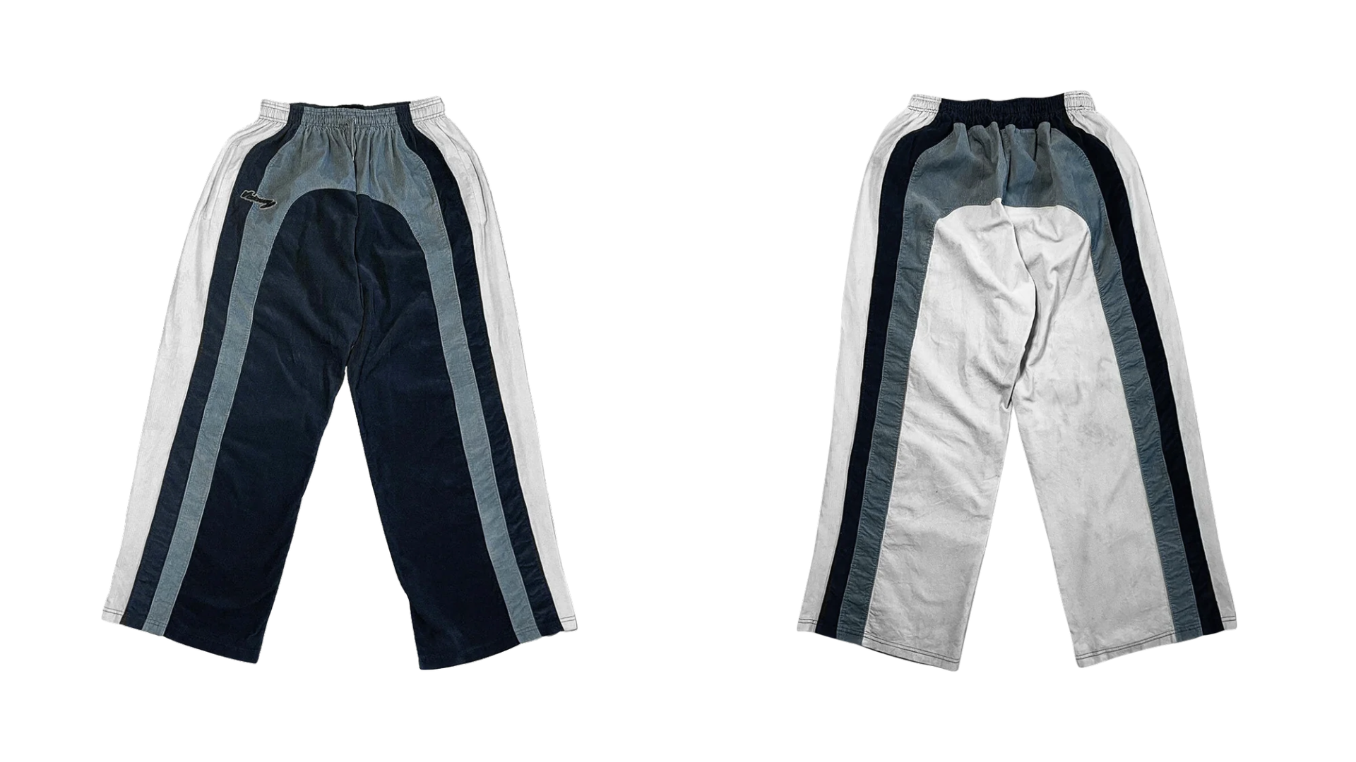 Two pairs of pants, each with a wide-leg design and stripe detailing. One pair is dark with white stripes, the other is light with dark stripes.
