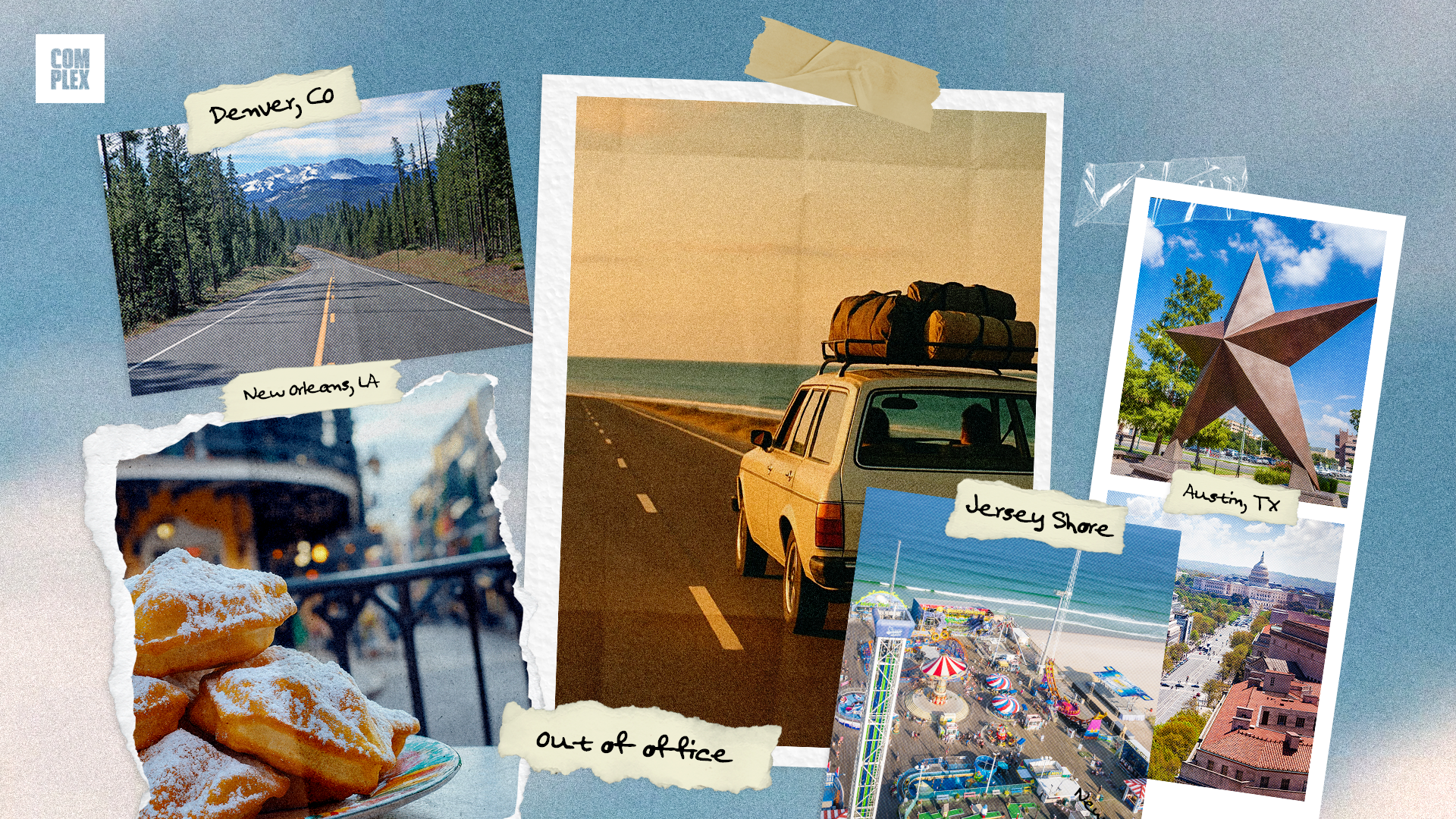A collage with road trips: Denver, CO; New Orleans, LA; Austin, TX; Jersey Shore. Central image of a car by the sea. "Out of office" note.