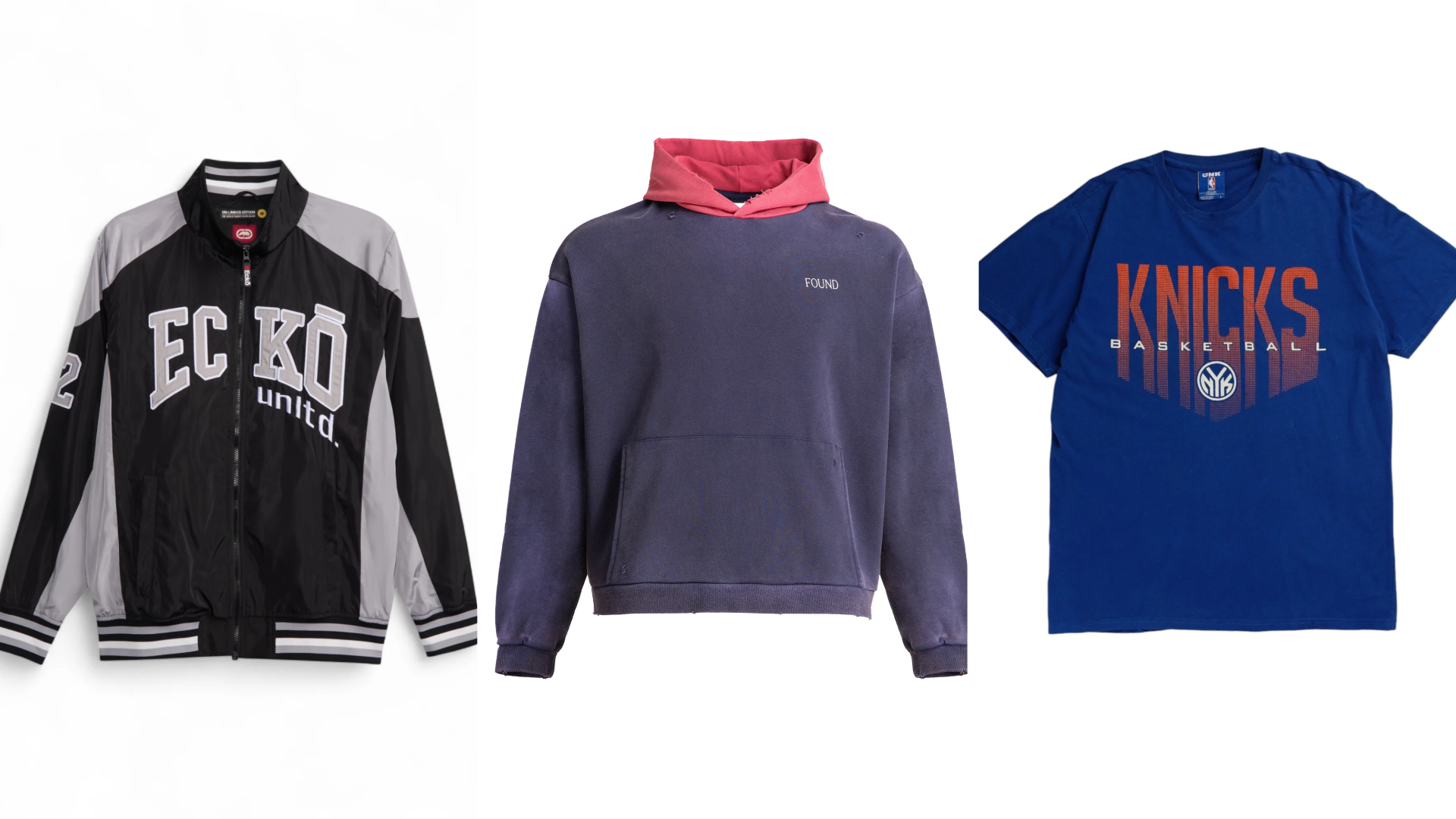 A black and gray Ecko jacket, a purple hoodie with a red hood, and a blue New York Knicks T-shirt.