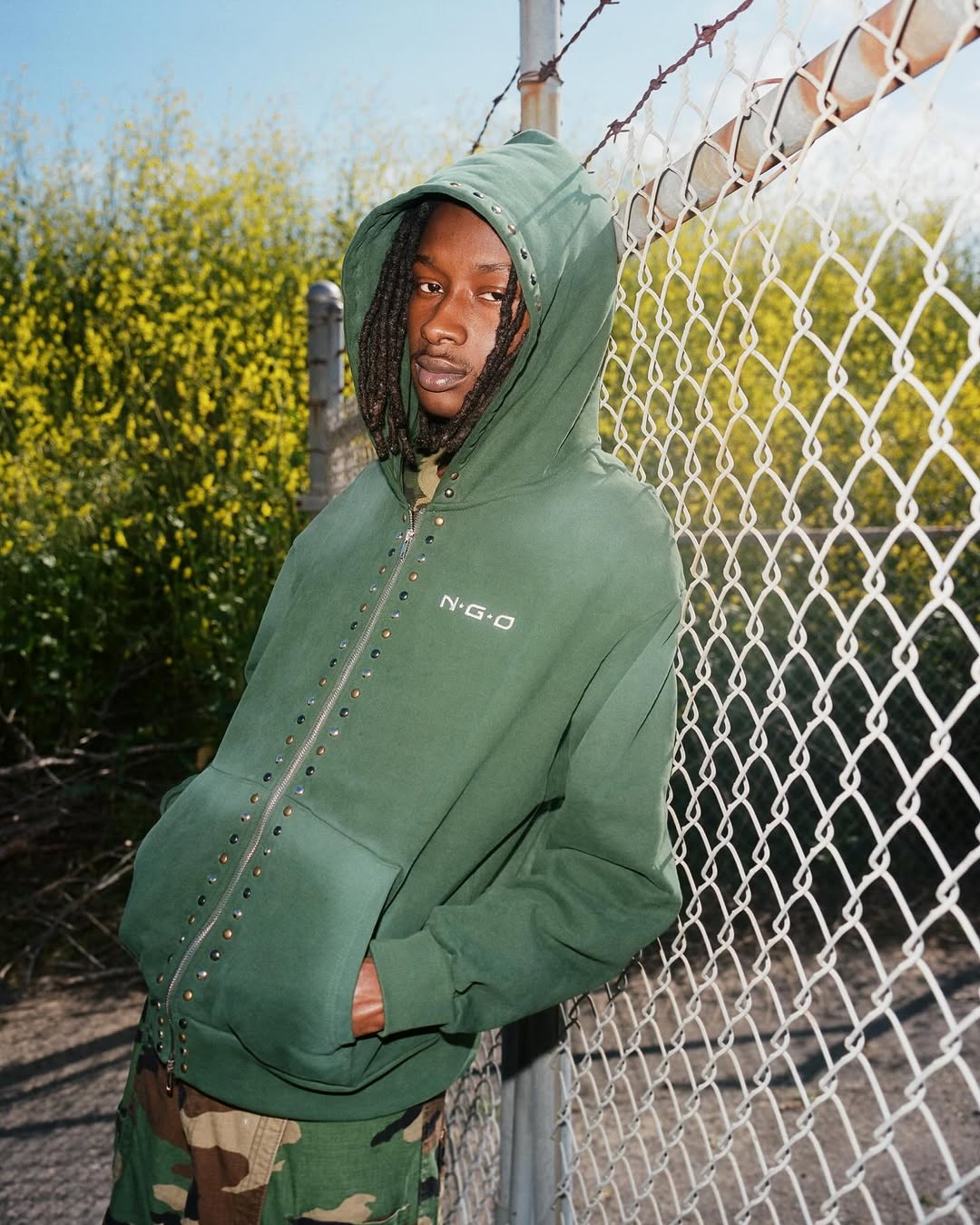 Nothing Grows Overnight Green Studded Zip Hoodie