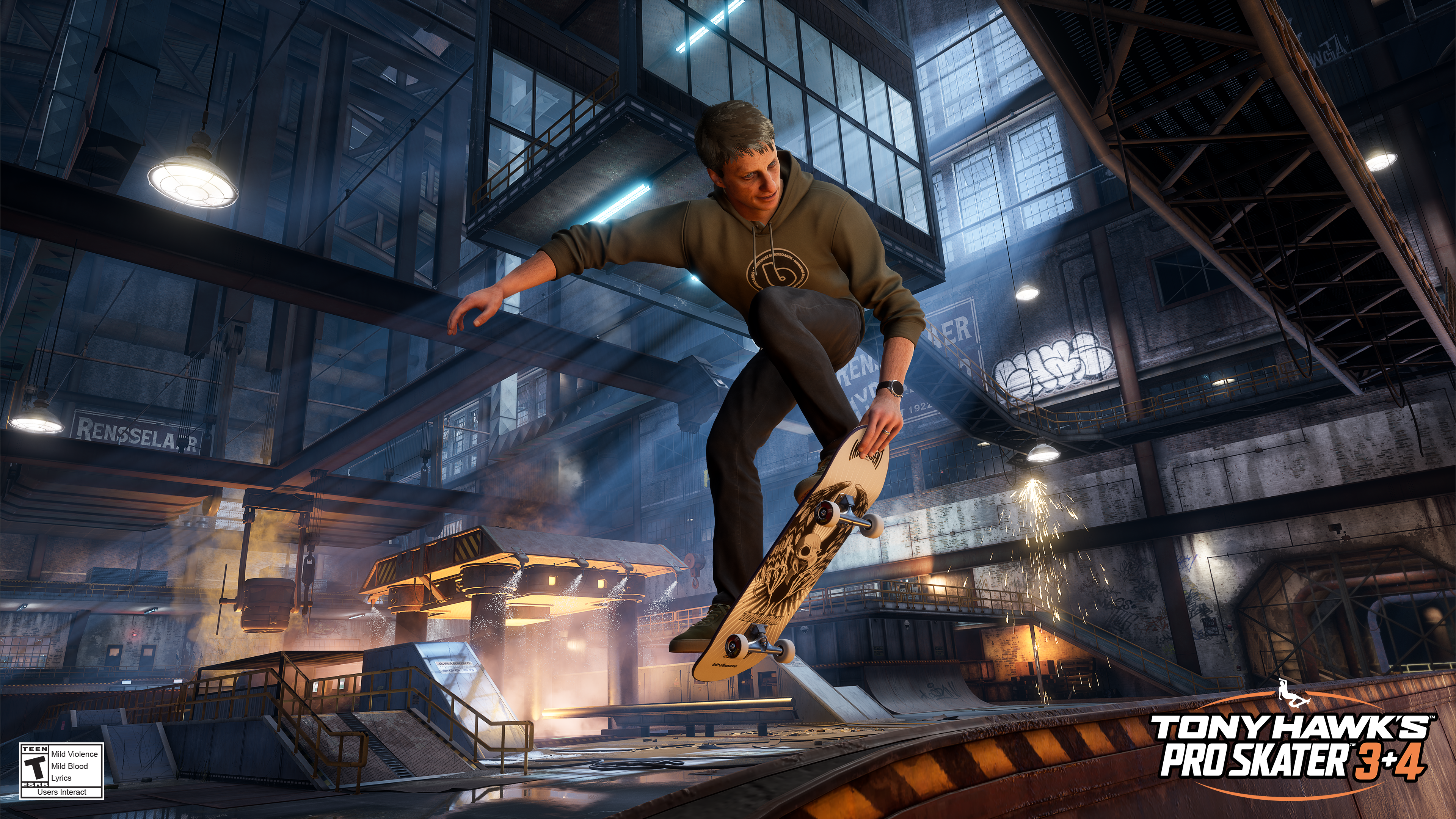 A skateboarder performs a trick in an industrial skate park setting. The image is from "Tony Hawk's Pro Skater 3+4" video game.