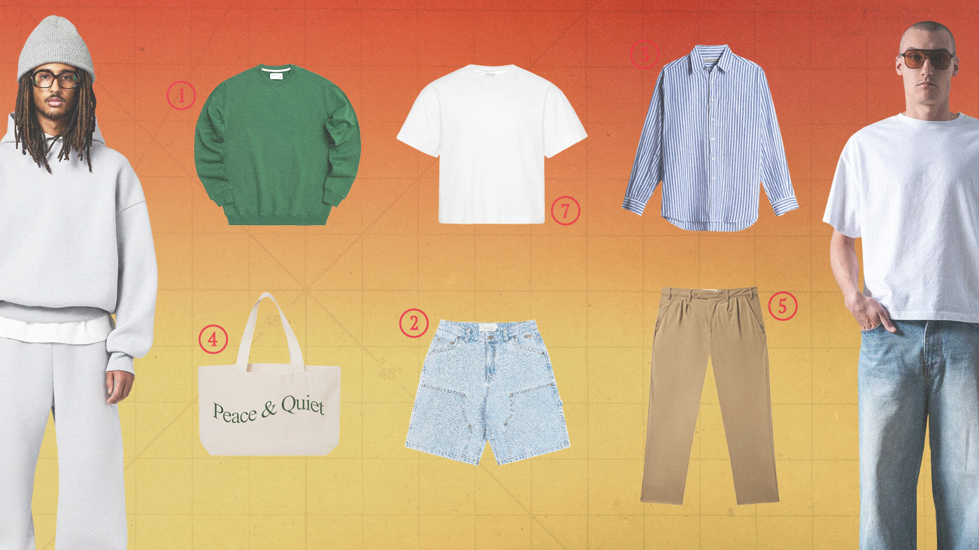 A fashion collage with casual outfits: gray sweats, green sweater, white tee, striped shirt, beige pants, tote bag, and blue shorts.