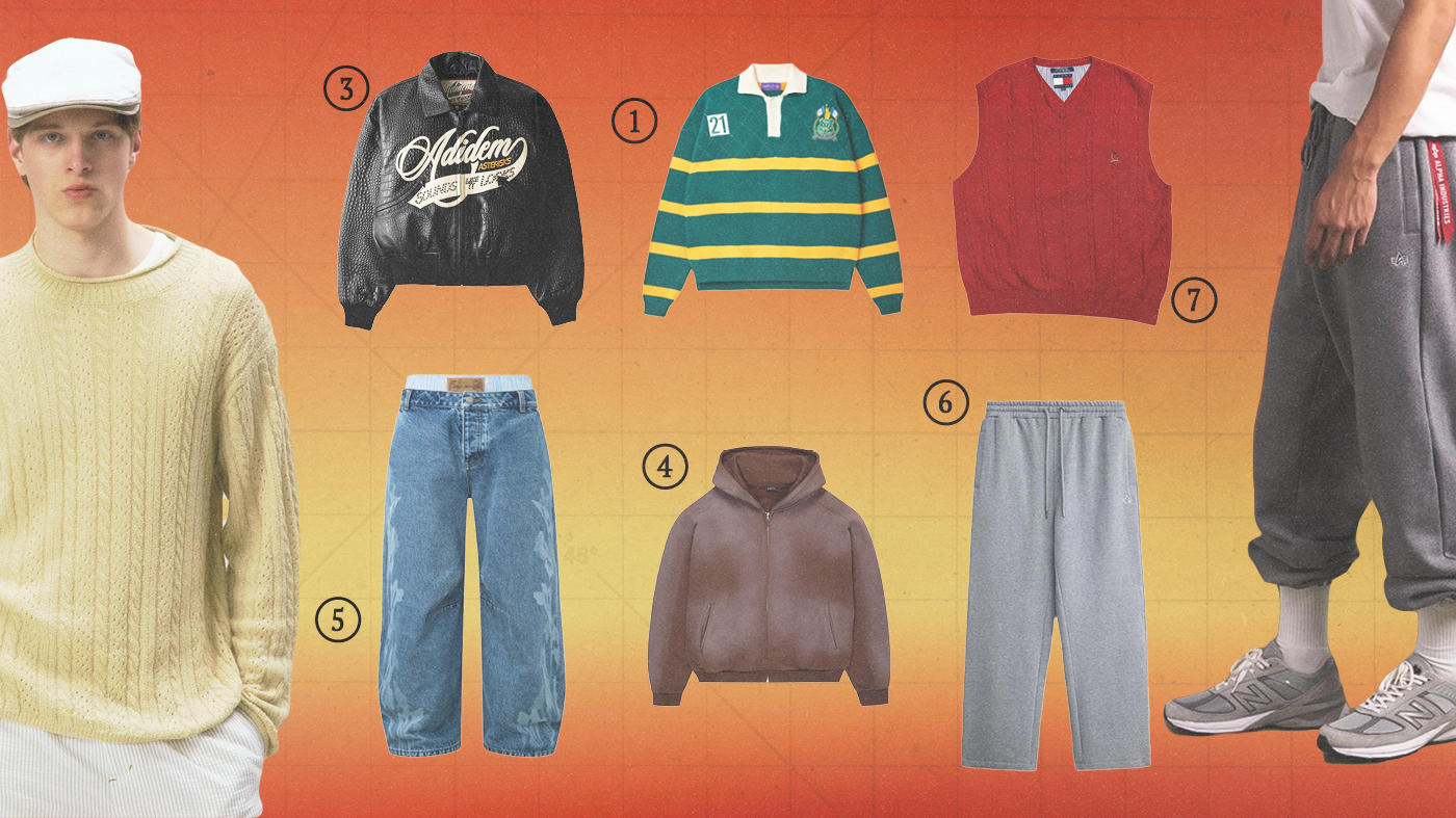 A collage of men's fashion items: a model in a yellow sweater and cap, a black jacket, striped rugby shirt, red vest, blue jeans, brown hoodie, gray sweatpants, and gray sneakers.