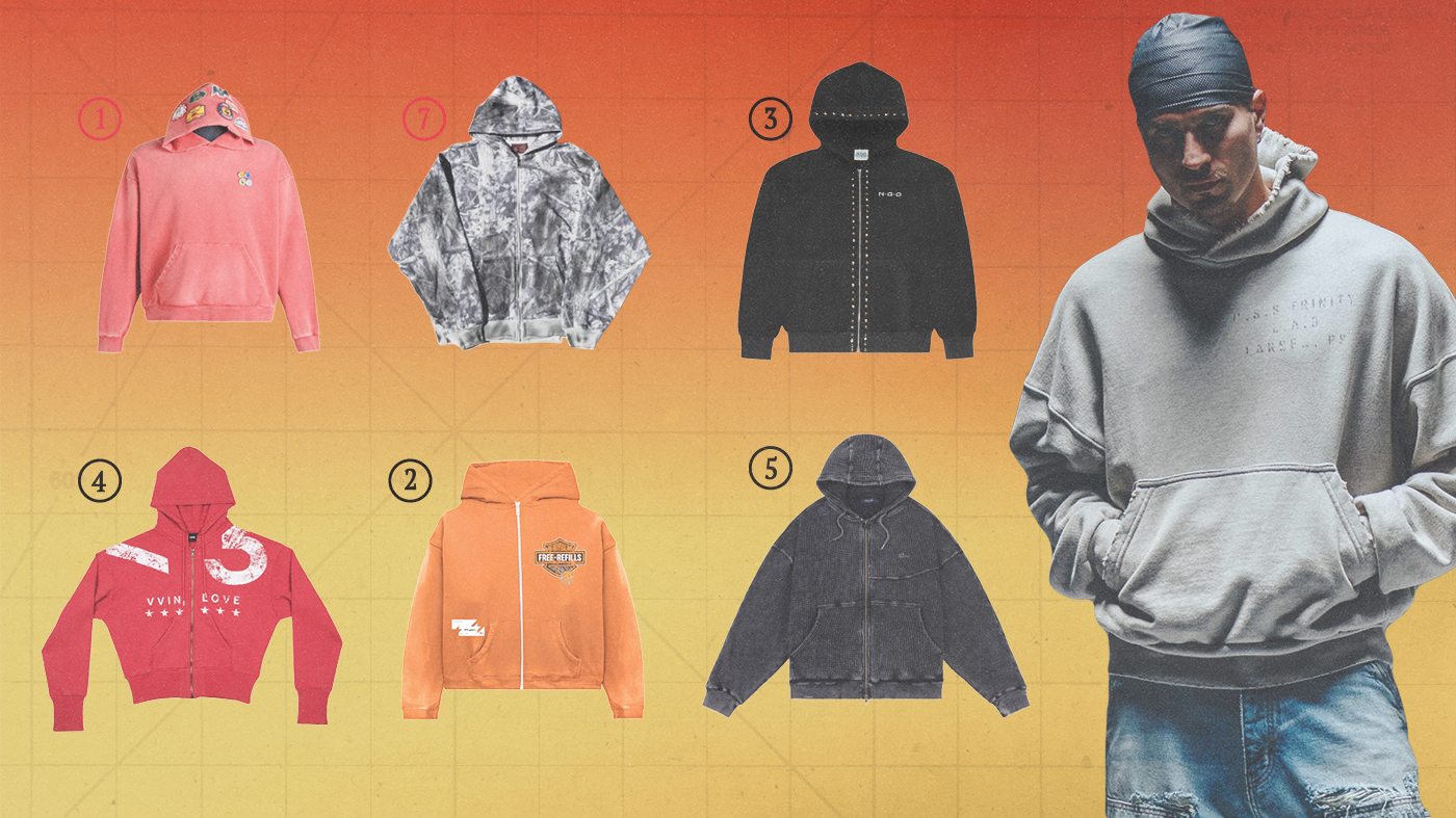 Complex's best hoodies you can buy right now. Seven hoodies displayed on a gradient background. A man in a gray hoodie and headscarf stands on the right.