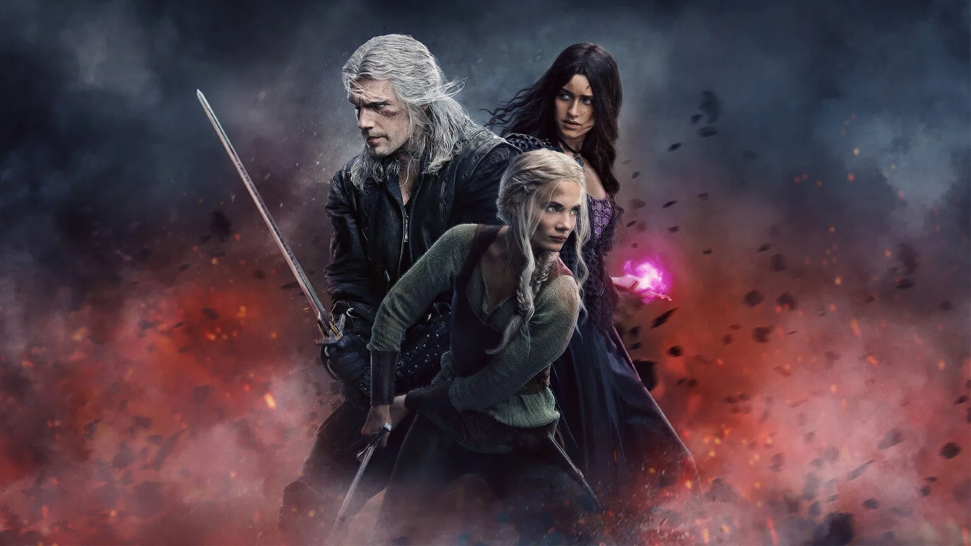 Three characters from "The Witcher" series, including a white-haired man with a sword, a woman with magic, and a young girl.