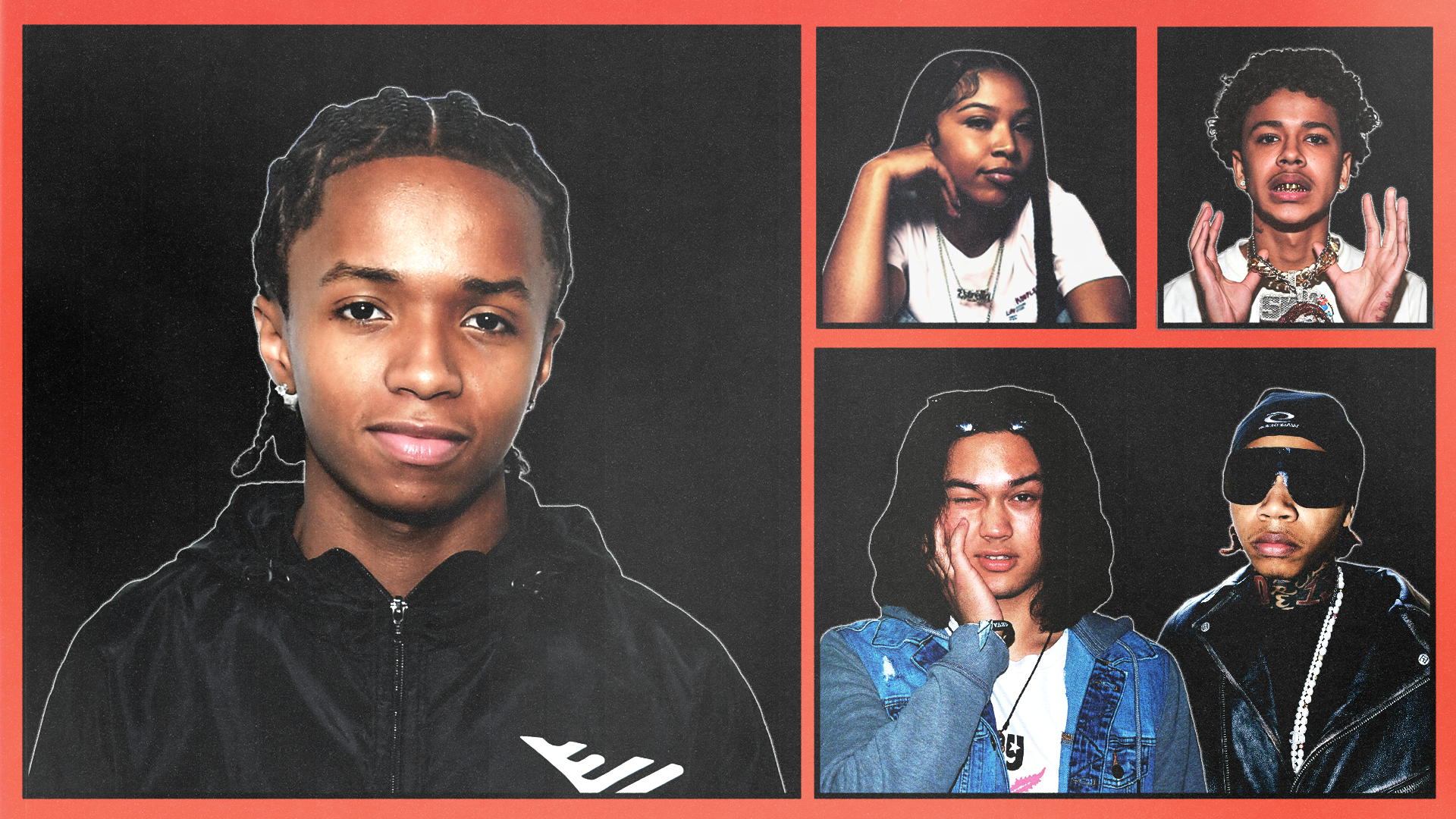 A collage of five young teenage rappers against a black background with a red border. Each person has a distinct pose and expression.