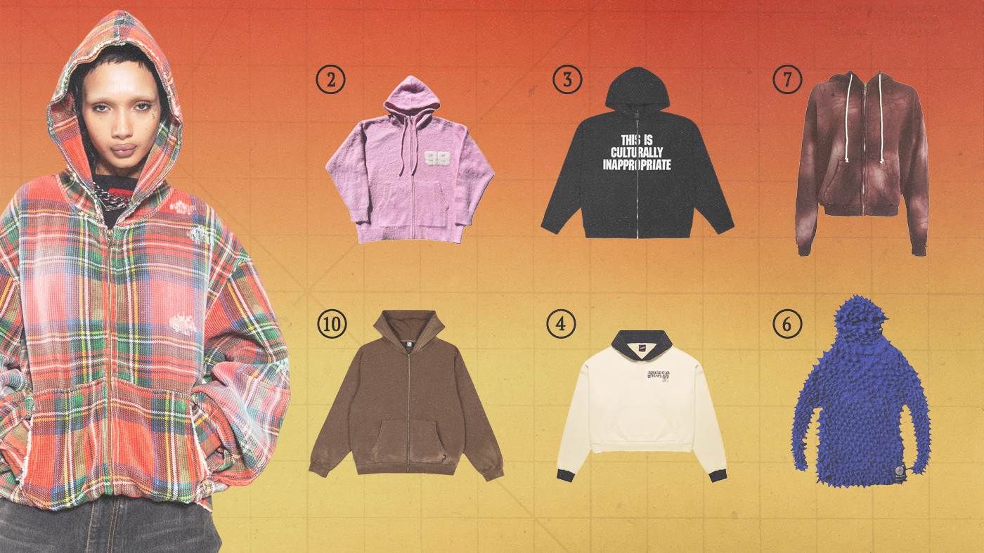 A model in a plaid hoodie is on the left. On the right, there are various hoodies in different colors and styles, numbered 2 to 10.