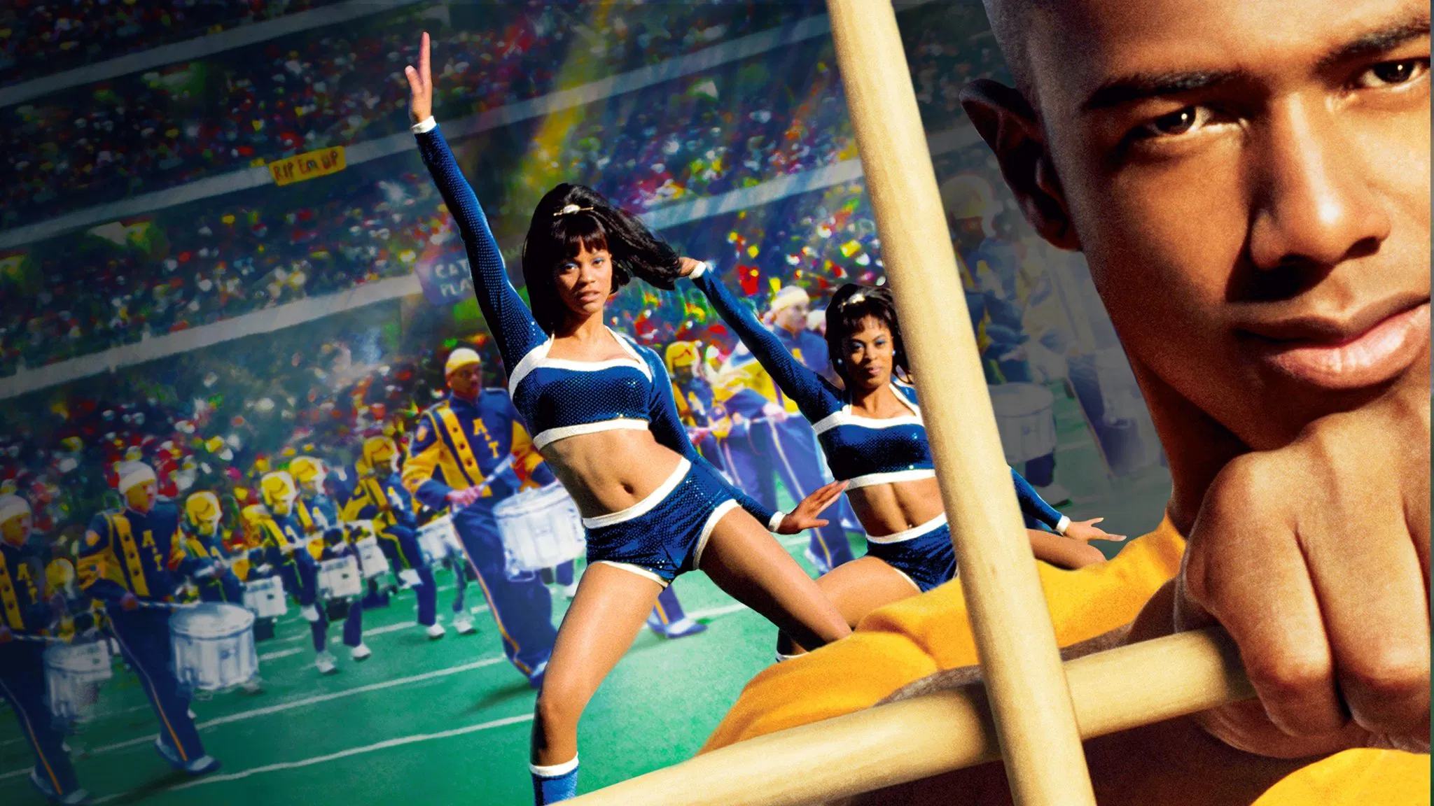 The Best Movies To Watch On Hulu and a vibrant scene with a marching band and cheerleaders in blue uniforms. A close-up of a person holding drumsticks is in the foreground.