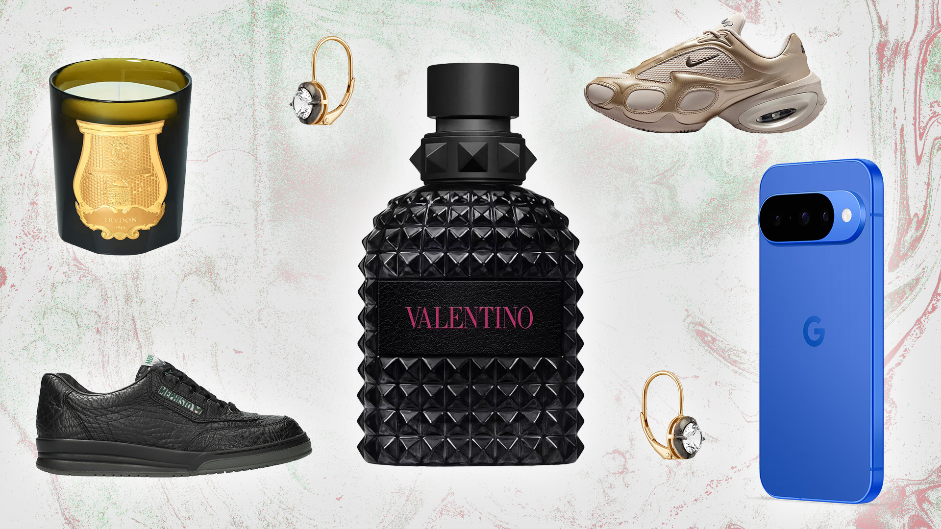 A collage featuring a black Valentino perfume bottle, a Google phone, sneakers, a candle, and earrings on a textured background.