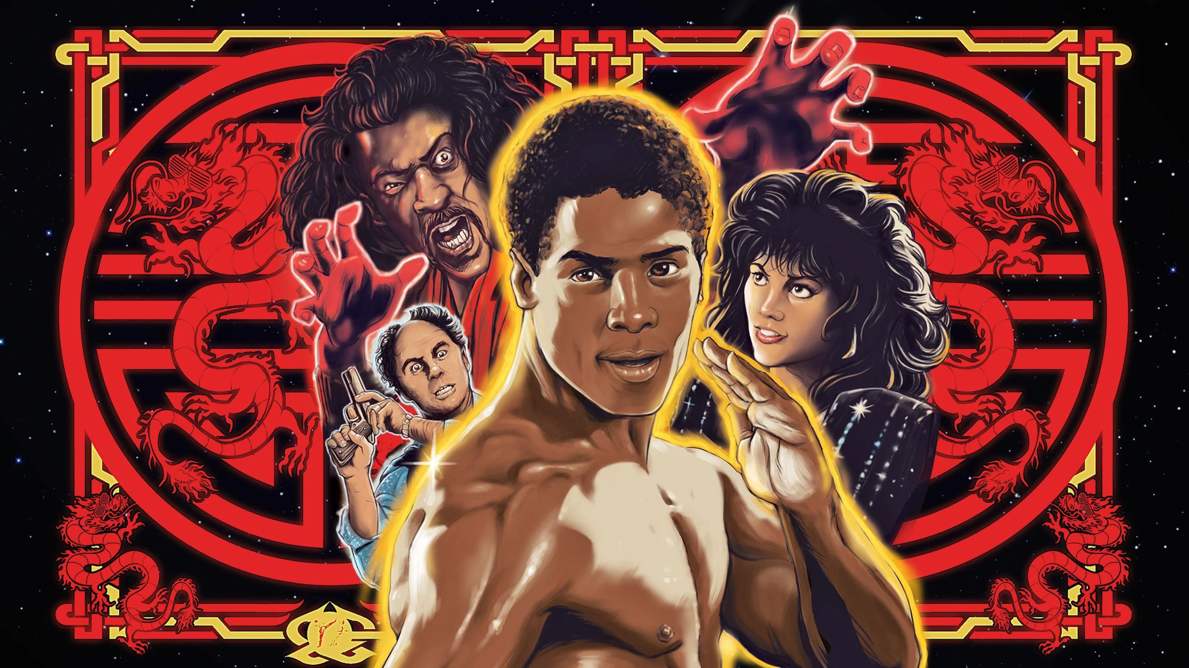 Illustrated poster featuring martial artist Bruce Leroy, with vibrant red and black dragon motifs and dynamic characters in the background.