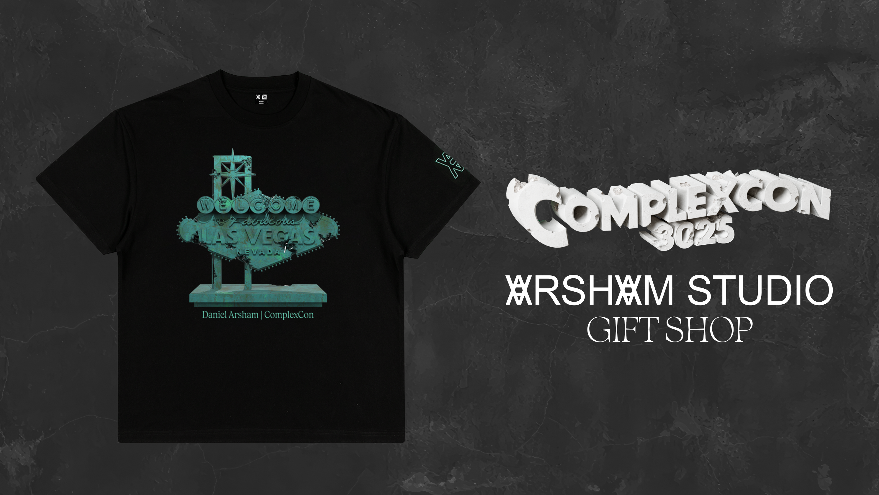 Black T-shirt with a Las Vegas sign design, labeled "Daniel Arsham ComplexCon." Text: "ComplexCon 2025" and "Arsham Studio Gift Shop."