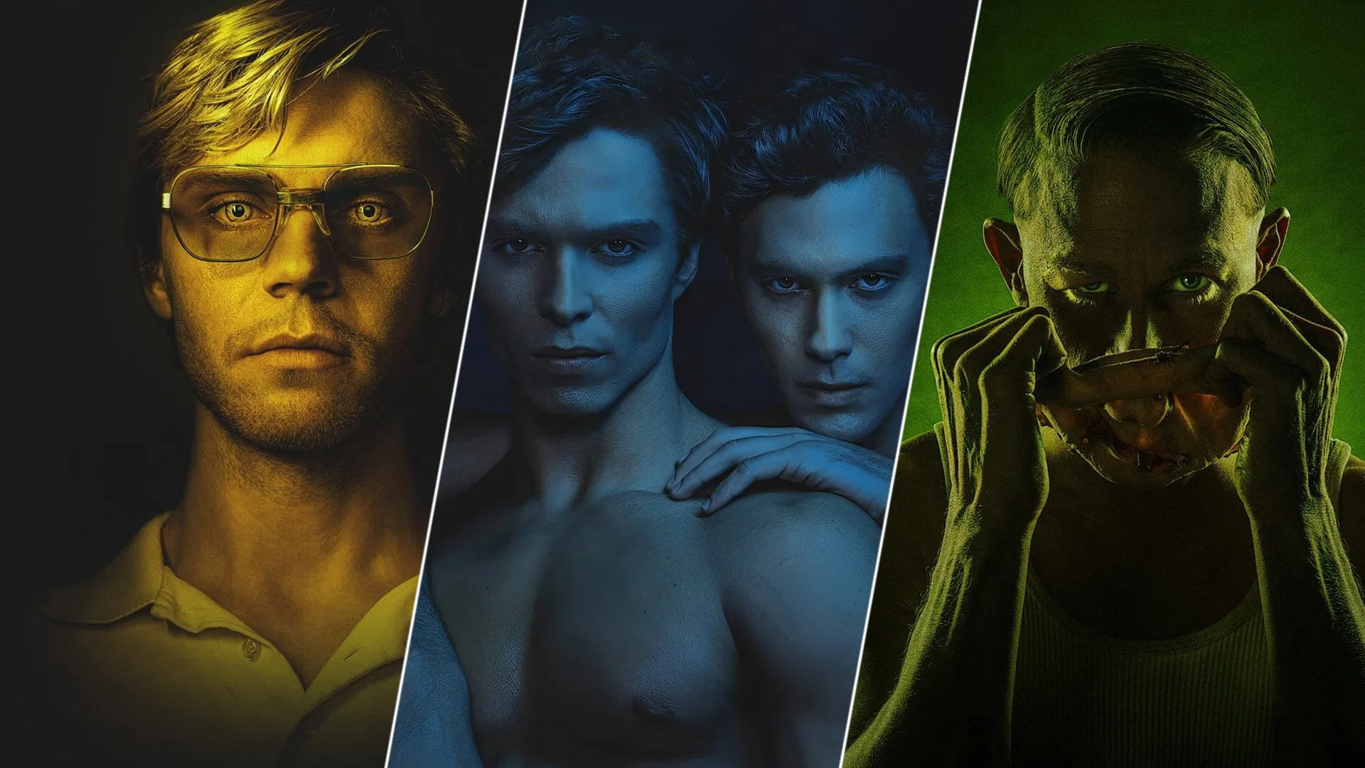 Three-panel image featuring Evan Peters as Jeffrey Dahmer, two shirtless men in the center, and a man with a mask on the right.