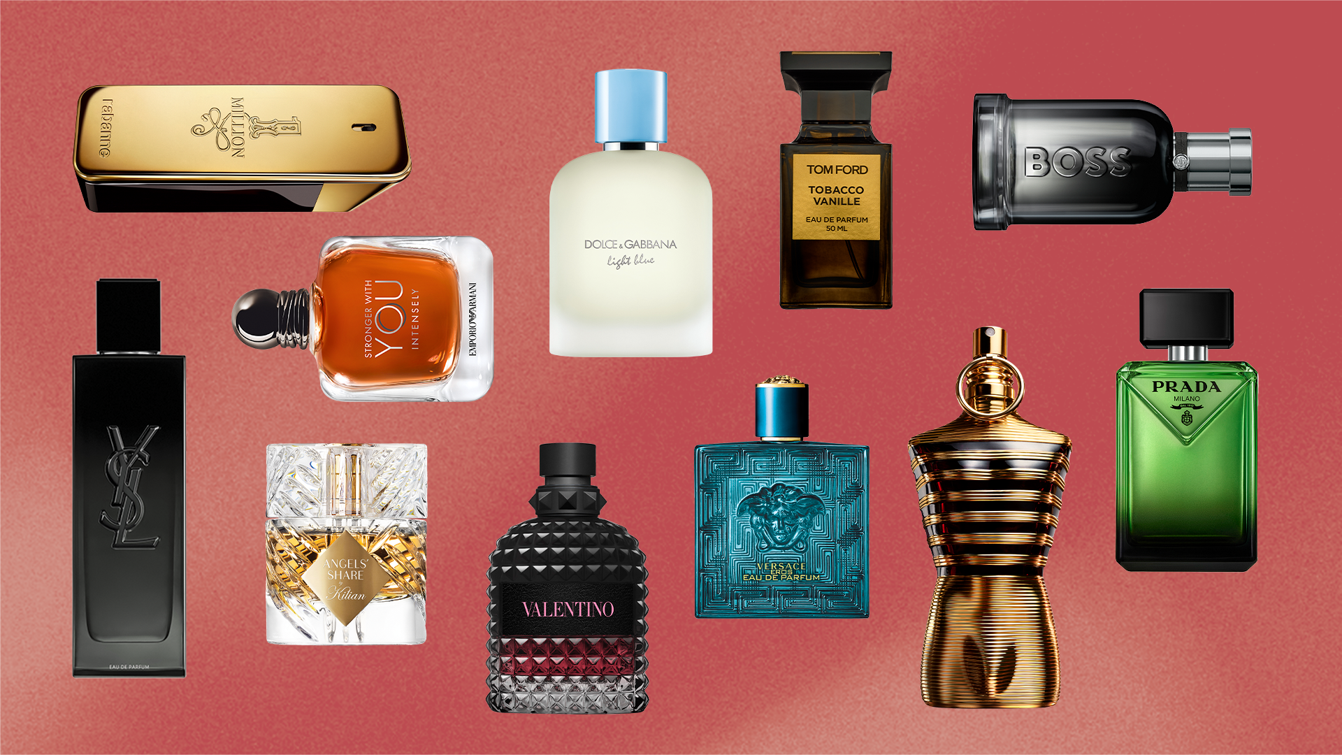 A collection of various perfume bottles on a red background, featuring brands like Paco Rabanne, Dolce & Gabbana, Tom Ford, Hugo Boss, YSL, and Prada.
