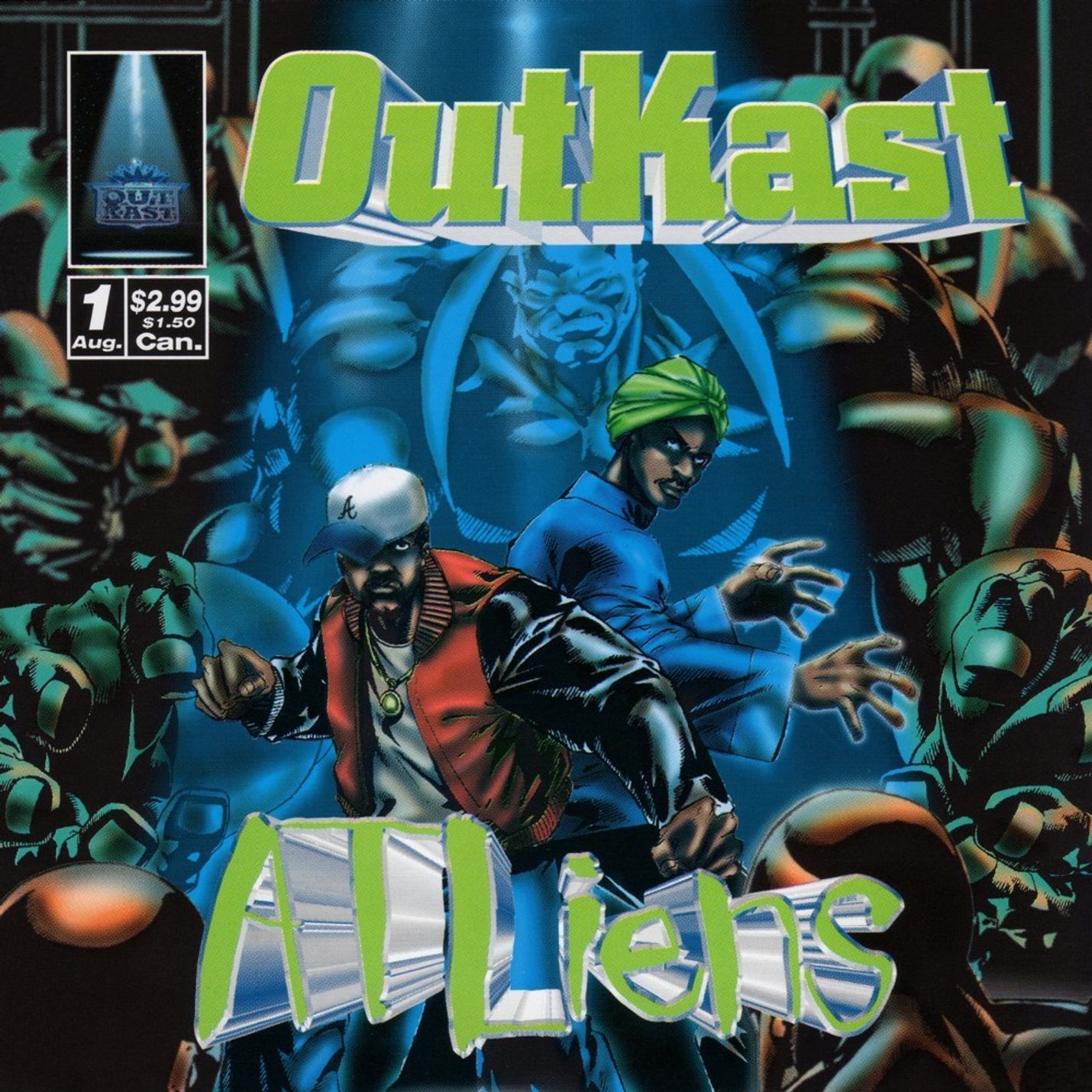 Comic-style cover art for OutKast's "ATLiens" album, featuring two animated characters in dynamic poses.