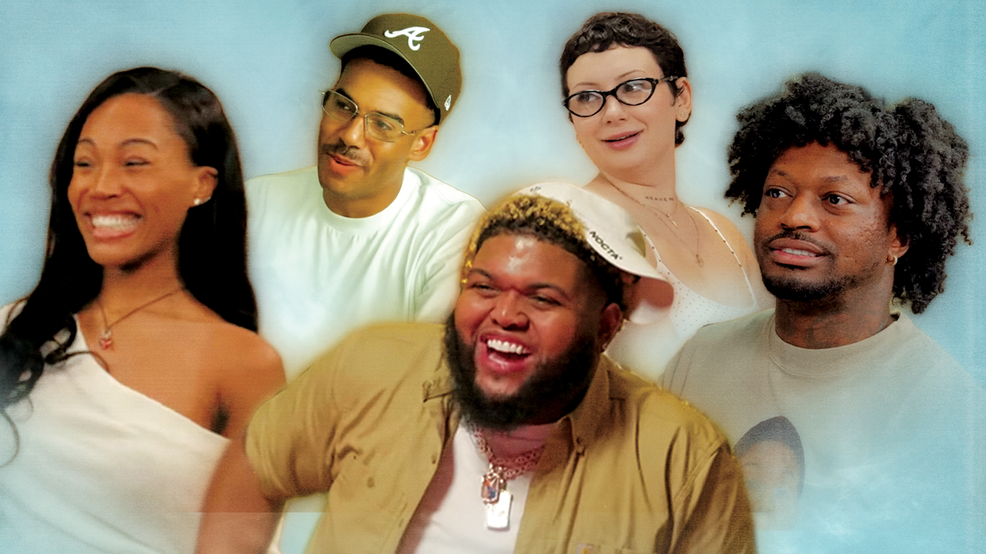 A group of five smiling people, each with distinct styles and expressions, against a light blue background.