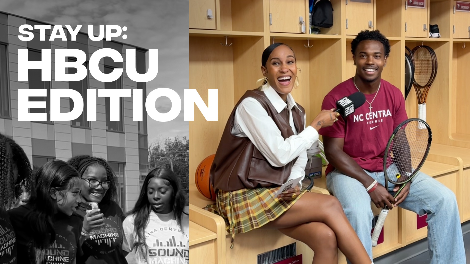 A woman interviewing a man in a locker room setting, with tennis rackets and sports equipment. Text reads "Stay Up: HBCU Edition."