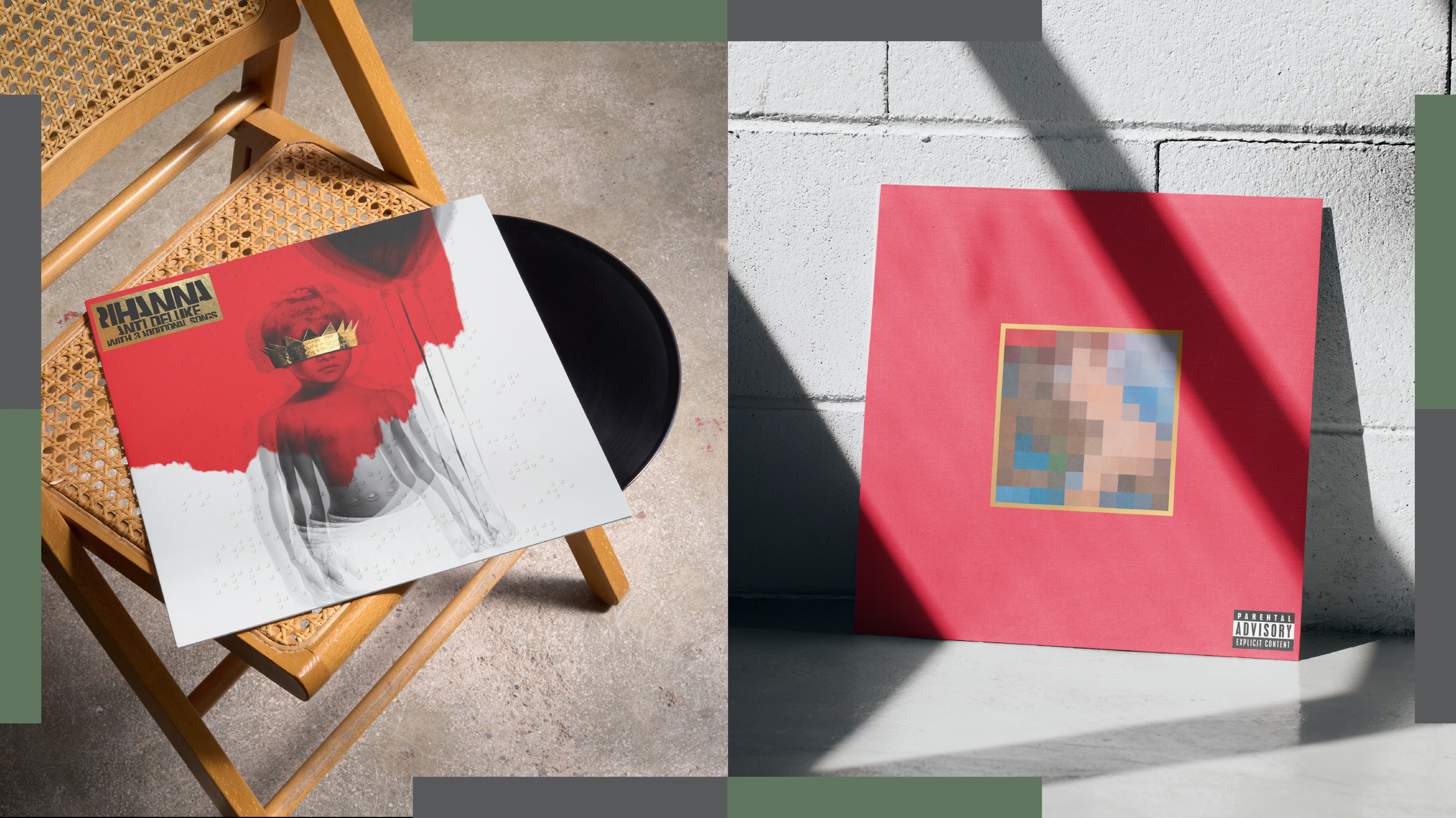 Two vinyl records: Rihanna's "Anti" on a chair, and another with a red cover and pixelated artwork leaning against a wall.