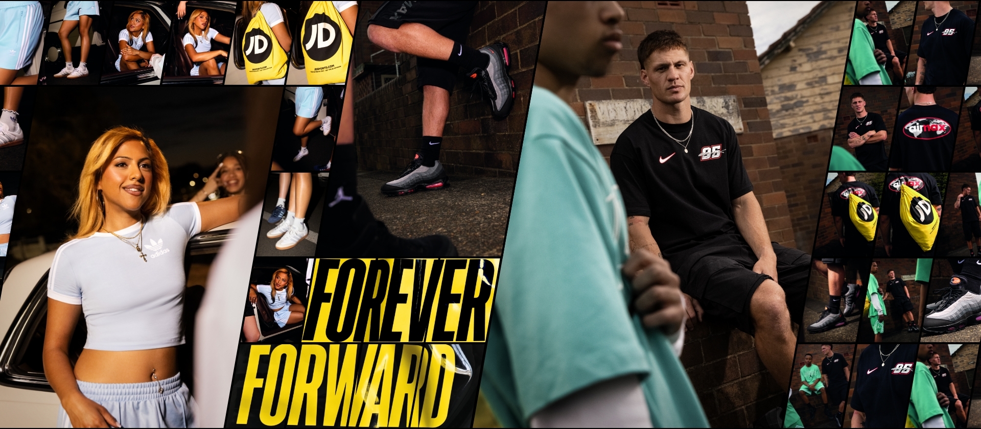 A collage featuring young adults in athletic wear, with the text "Forever Forward" and JD Sports branding.