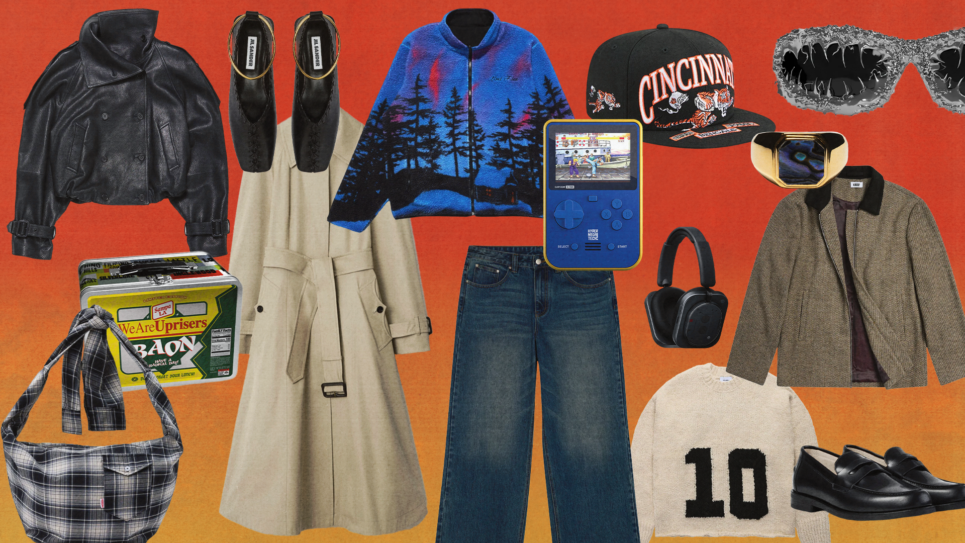 A collage of fashion items: leather jacket, trench coat, blue tree-patterned jacket, jeans, Cincinnati cap, loafers, sunglasses, headphones, and a plaid bag.