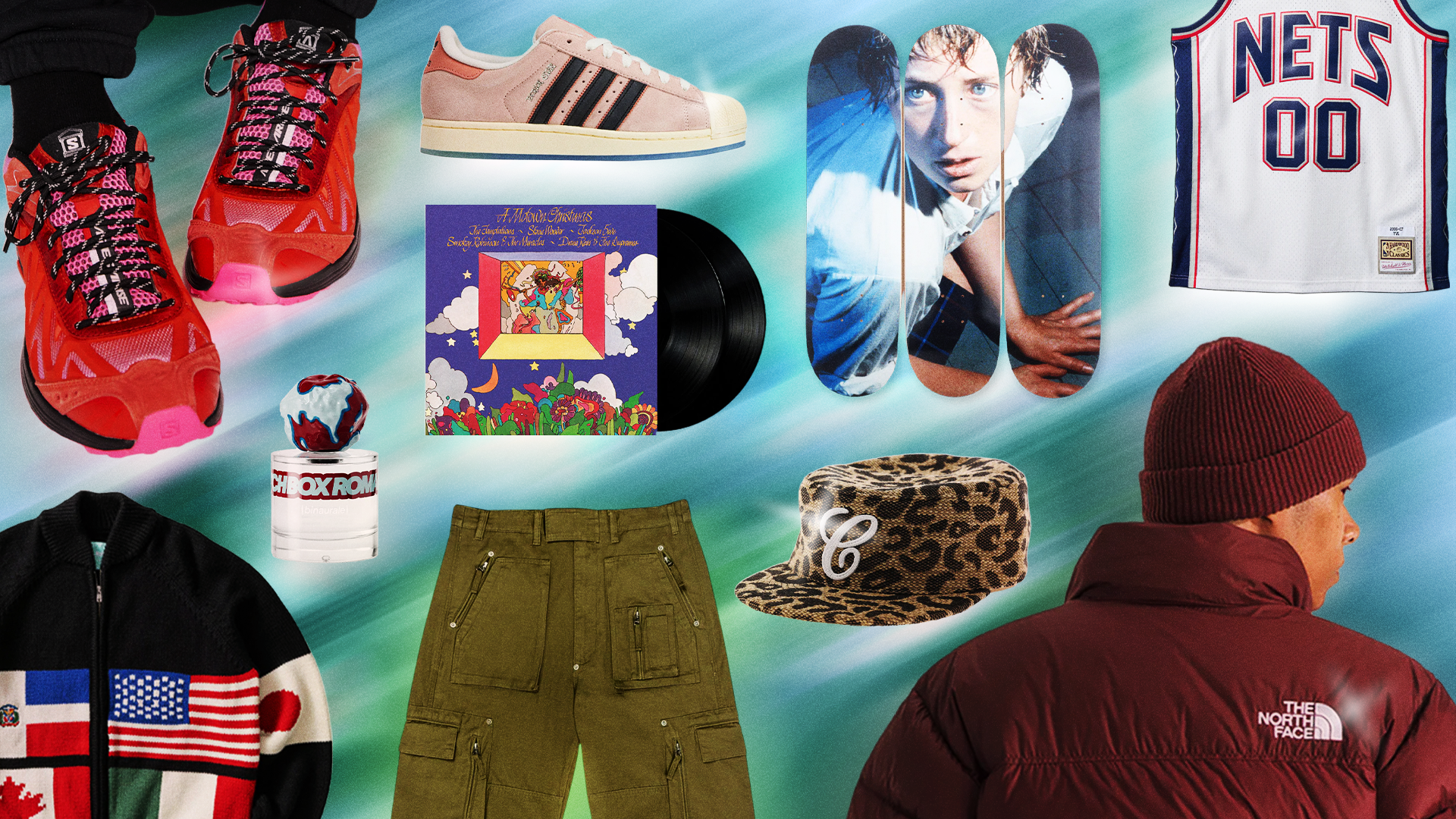 A collage featuring sneakers, Adidas shoes, a vinyl record, skateboards, a Nets jersey, jacket, pants, leopard hat, and a North Face coat.