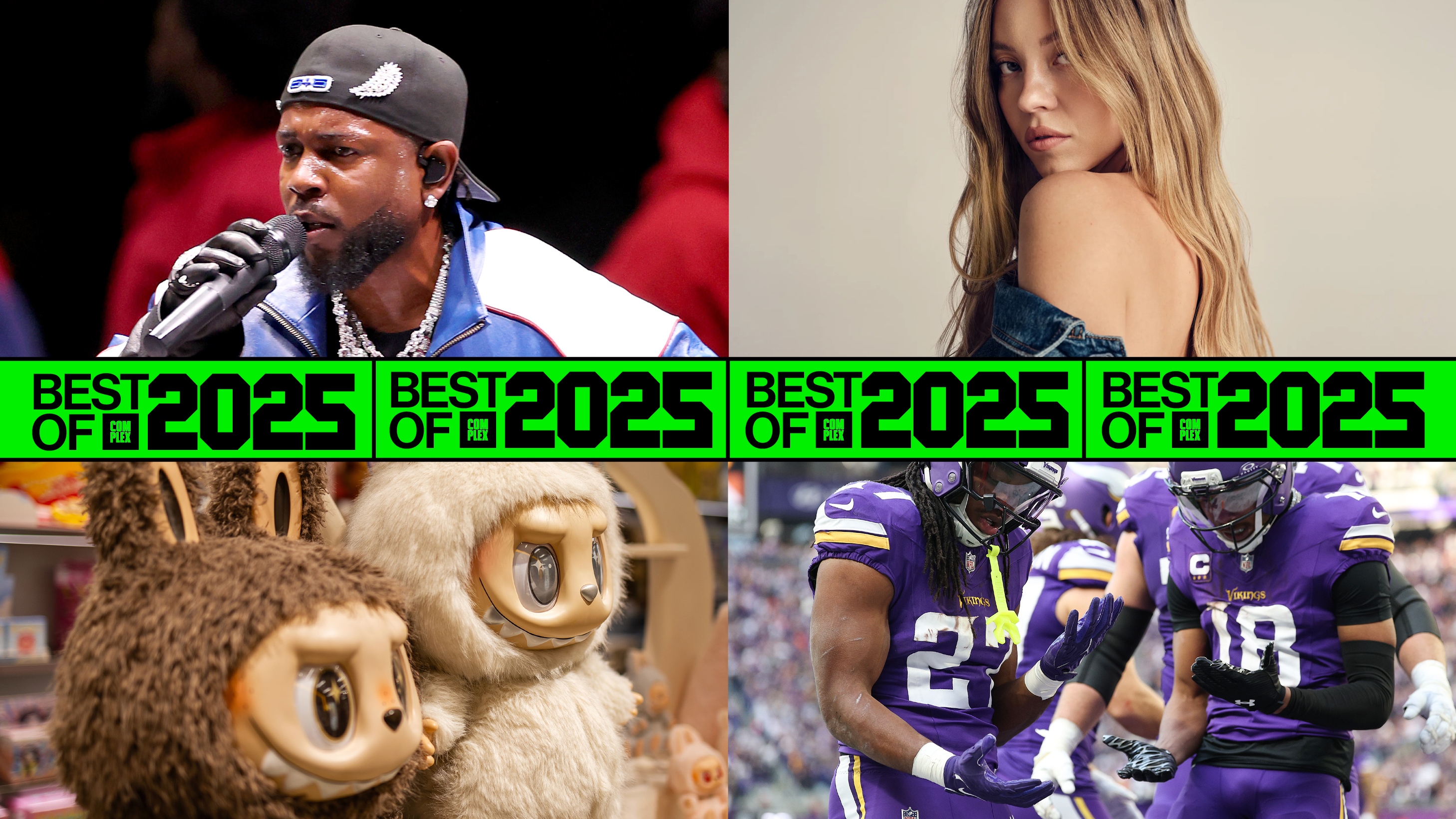 A collage featuring a man singing, a woman posing, two plush toys, and football players in purple uniforms with "Best of 2025" text.