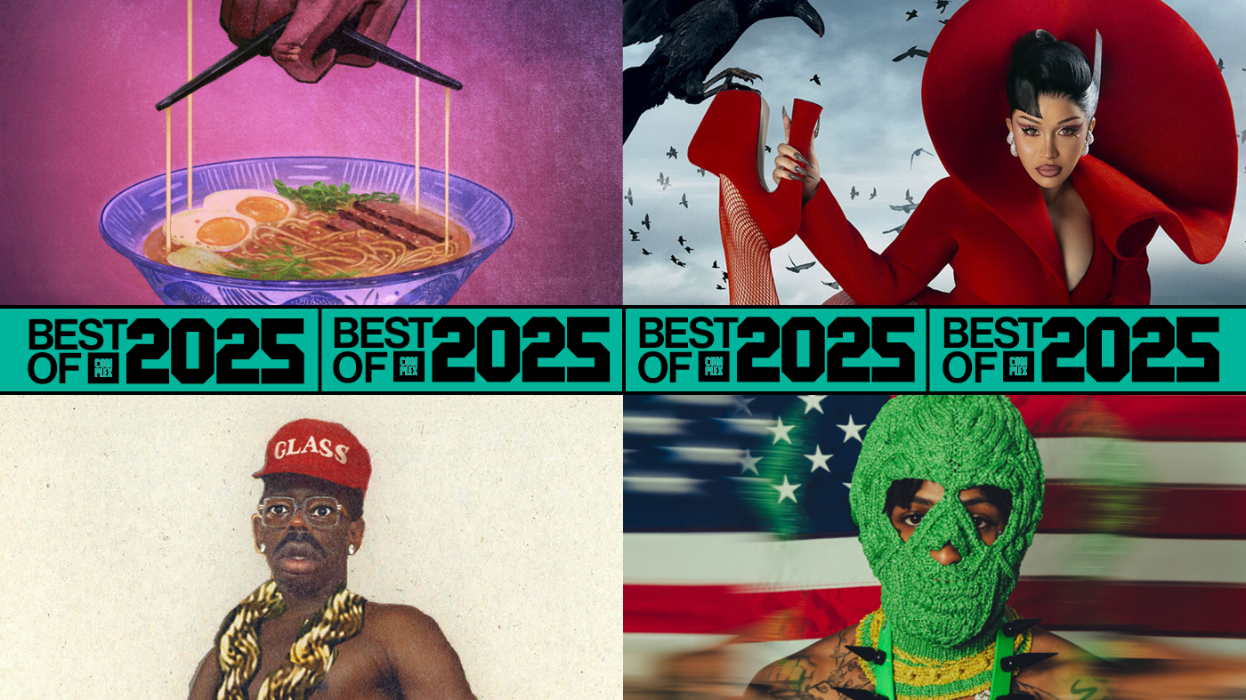 A collage with four sections: ramen bowl, a person in red with birds, a person wearing a "GLASS" hat and chains, and a person in a green mask.