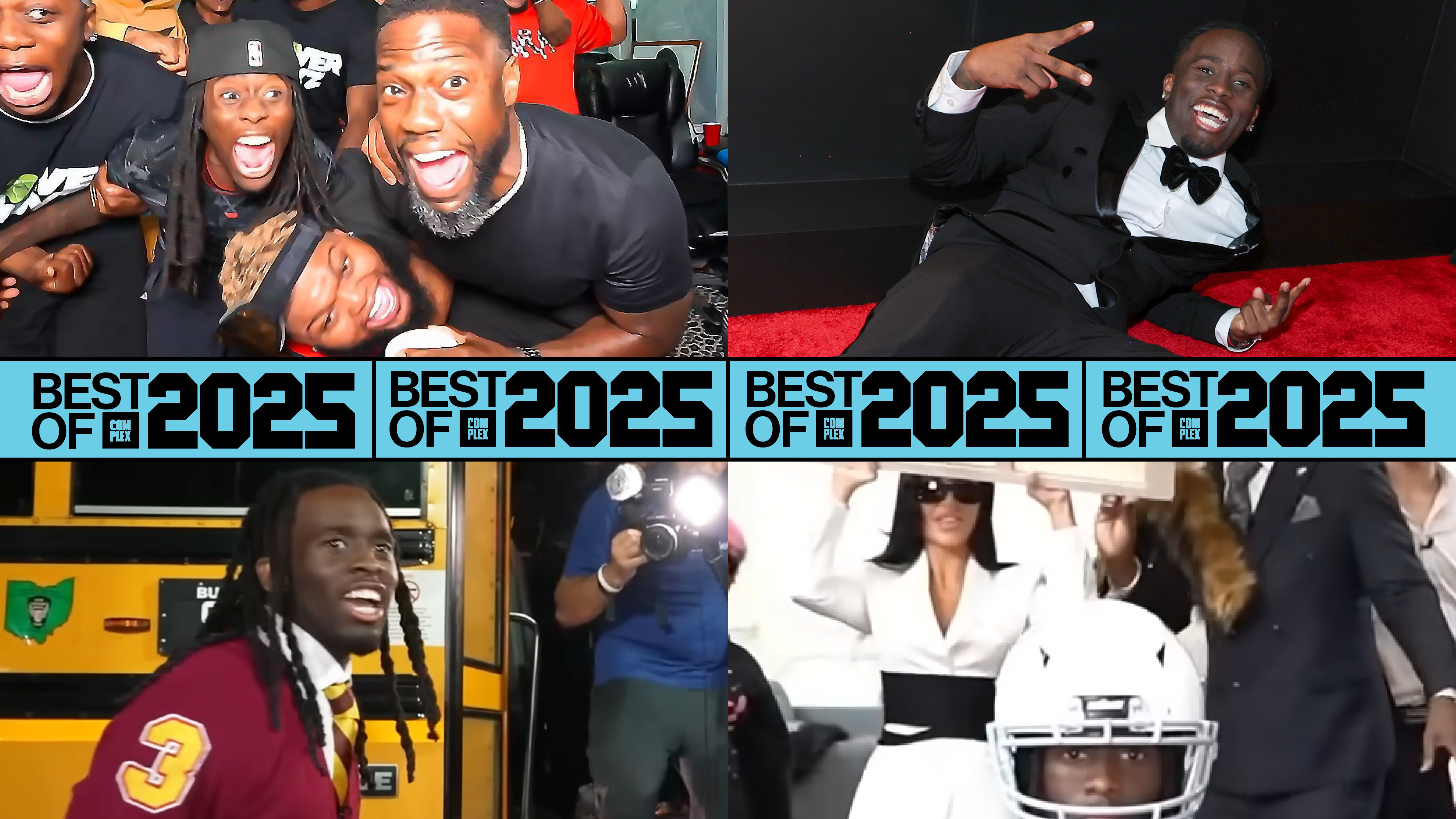 Collage of a man celebrating with friends, posing on a red carpet, exiting a bus, and wearing a helmet with people around him.