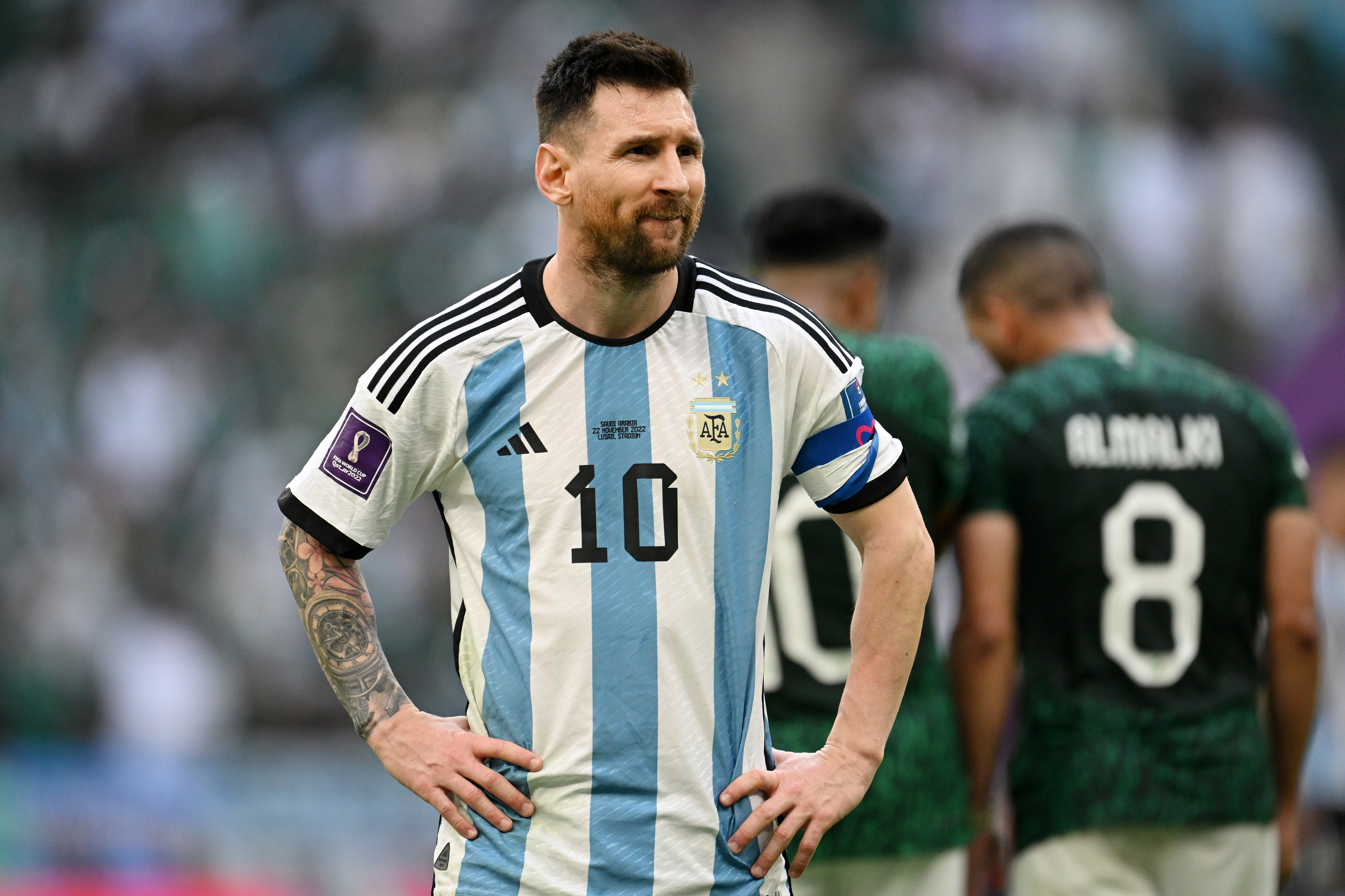 Lionel Messi stares into the distance during Saudi Arabia's upset over Argentina in the 2022 World Cup. 