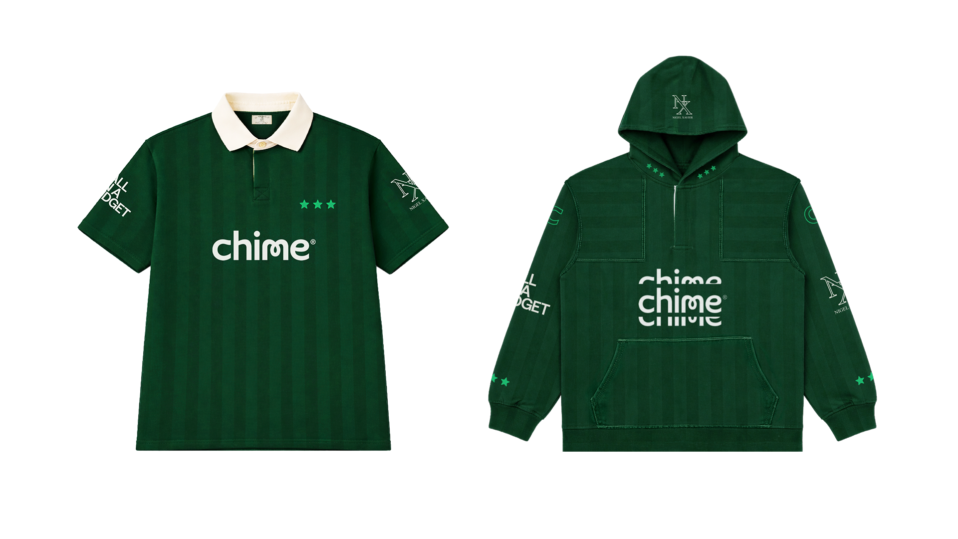 Green polo and hoodie with "chime" logo, star designs, and various text on sleeves.