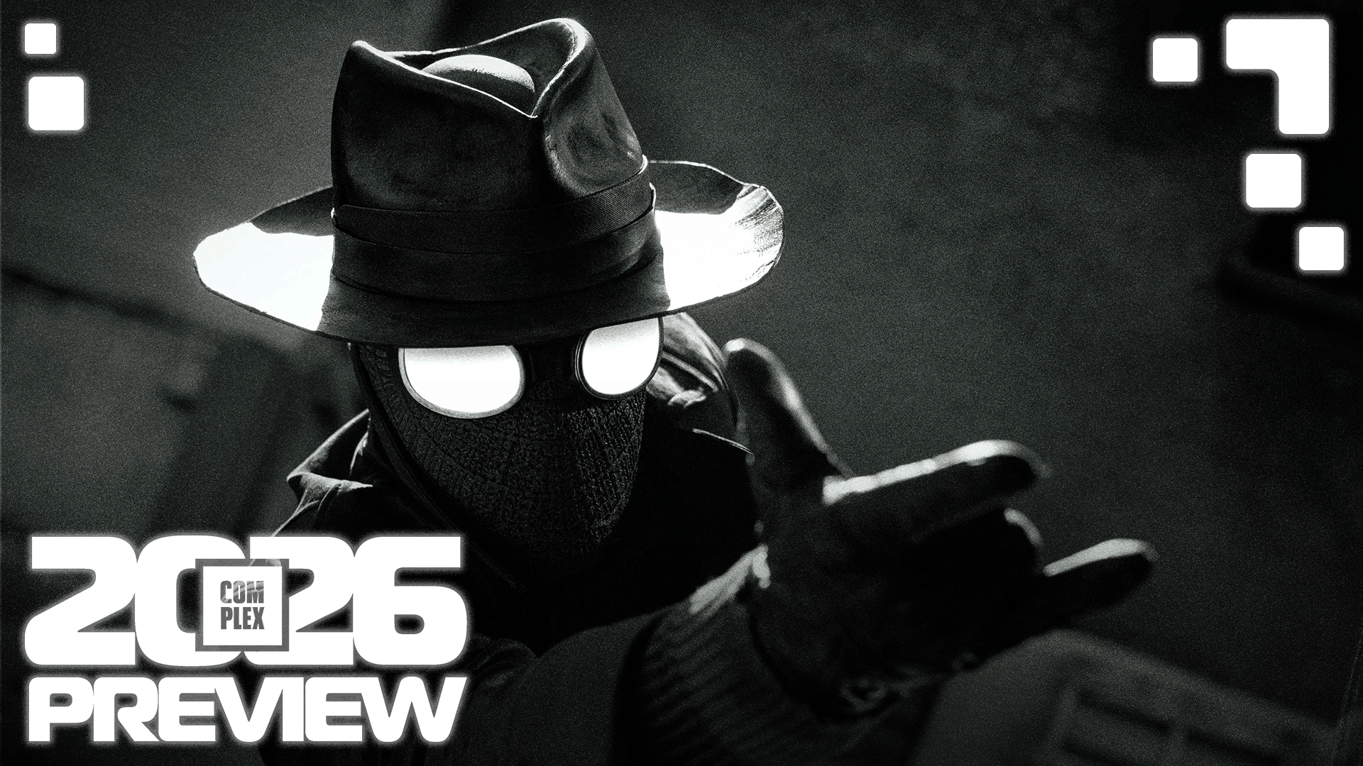 A noir-style image of a mysterious figure in a fedora and mask with glowing eyes, labeled "2026 Complex Preview" in bold text.