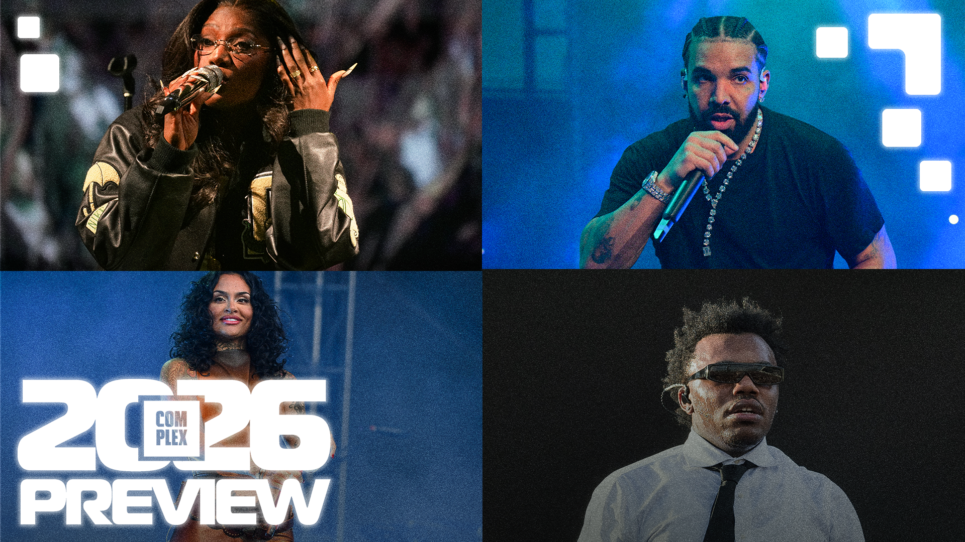 Four images: Top left, Doechii rapping; top right, Drake with a microphone; bottom left, Kehlani with "2026 Preview" text; bottom right, Baby Keem in sunglasses.