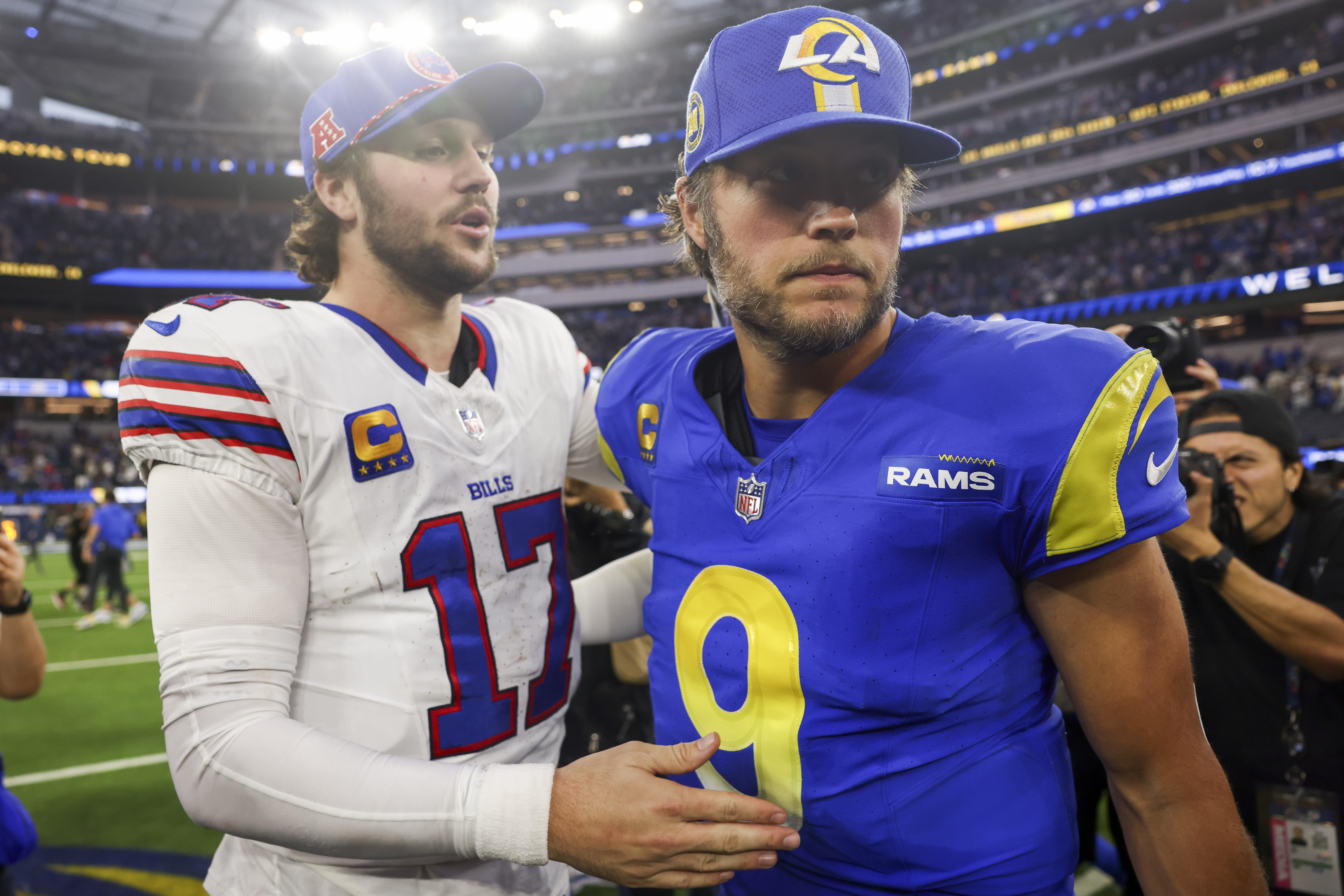 Buffalo Bills QB Josh Allen greets LA Rams QB Matthew Stafford after a game in December 2024. 