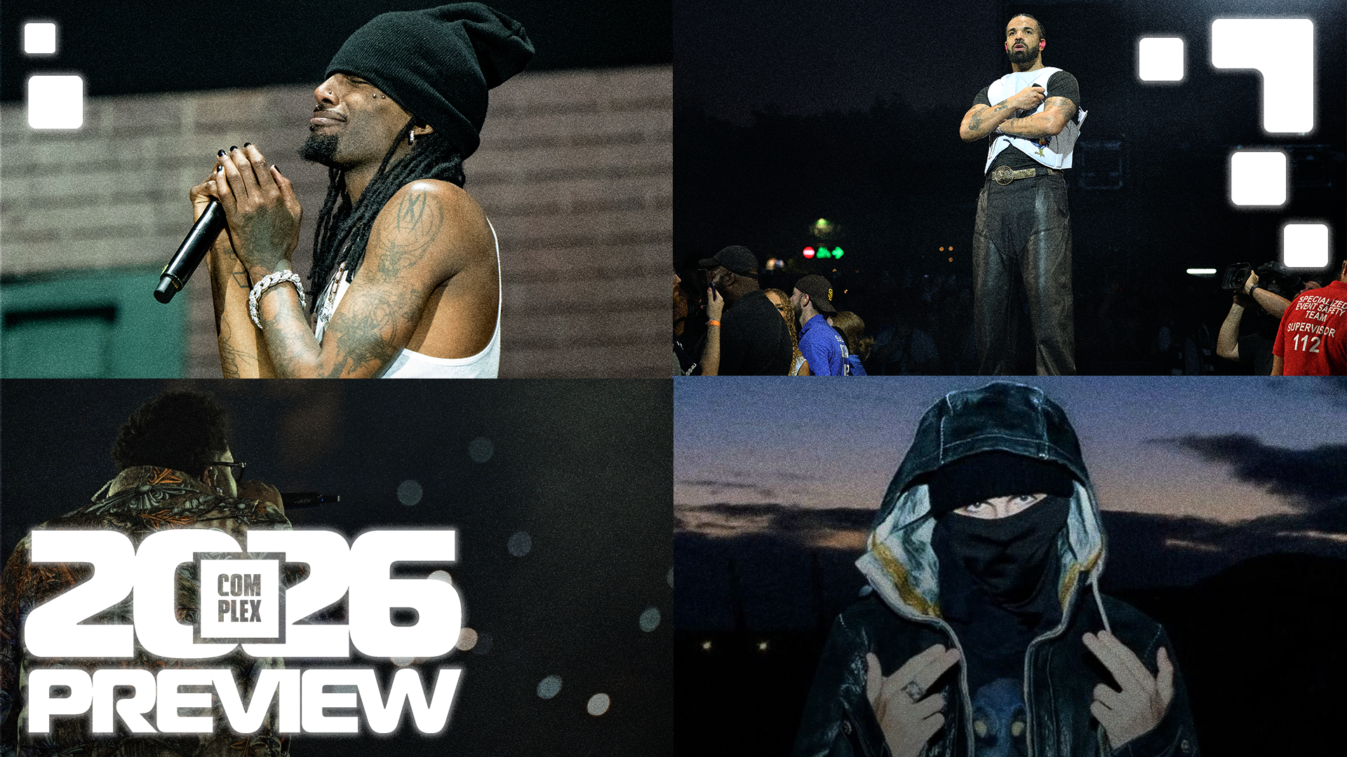 Four images: Playboi Carti with a microphone, Drake performing with a white vest, Rod Wave performing in front of a crowd, EsdeeKid with a mask and a hoodie