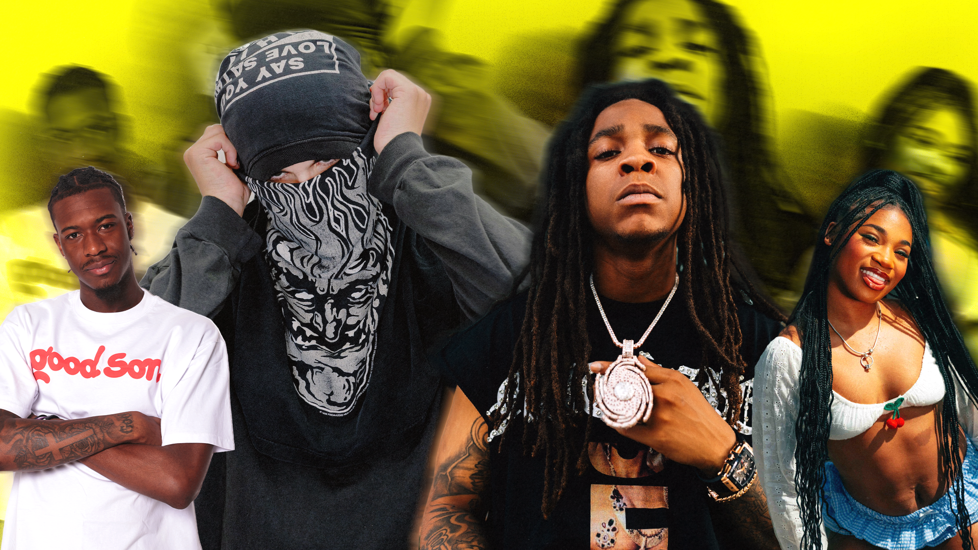 Zeddy Will, EsdeeKid, Hurricane Wisdom and BunnaB, all rappers to watch in 2026, posing in front of a yellow background.