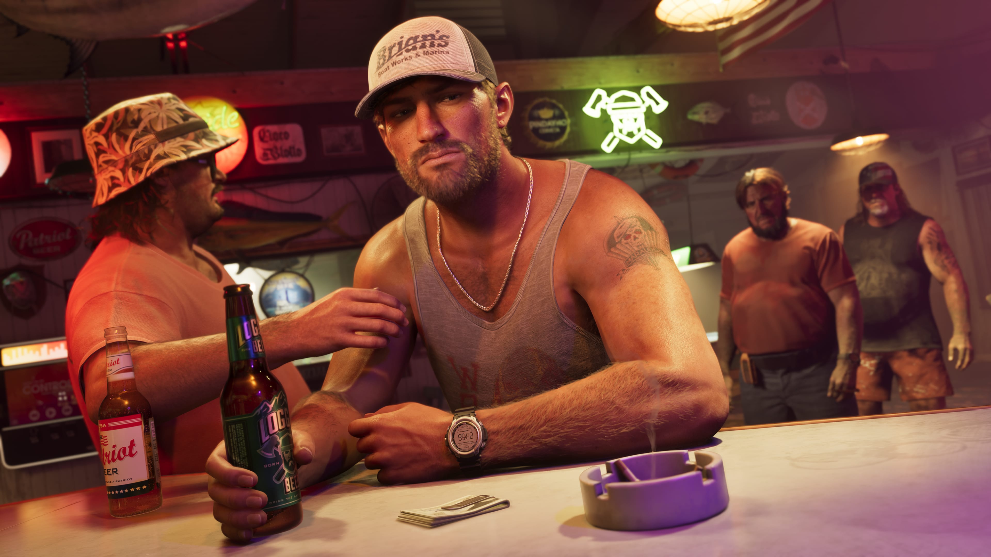 A group of animated characters in a bar setting, with one man in a tank top and hat holding a beer bottle, others in the background.