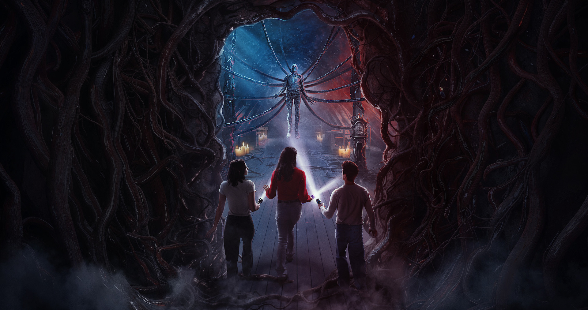 Three people stand in a dark, vine-covered cave, facing a humanoid figure with outstretched arms and glowing light.