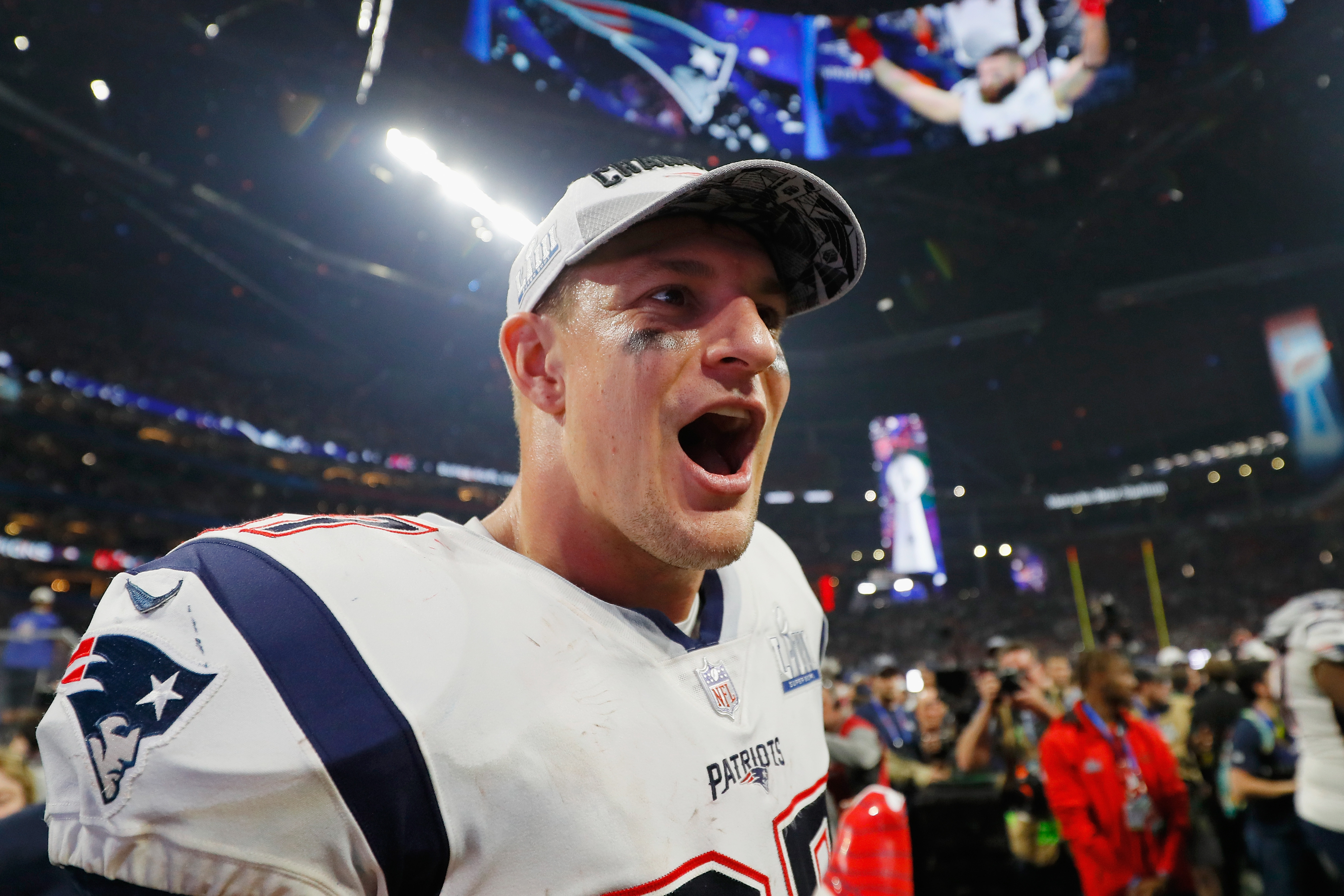 New England Patriots tight end Rob Gronkowski celebrates the team's win in Super Bowl LIII.