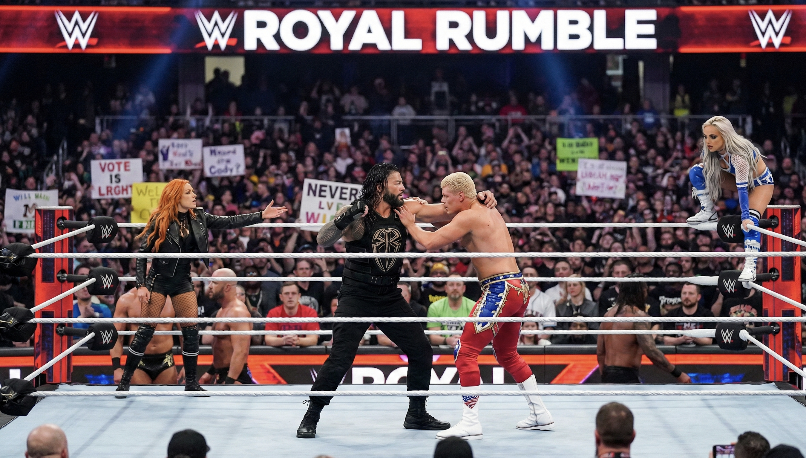 Wrestlers Roman Reigns and Cody Rhodes face off in the ring at WWE Royal Rumble, with Becky Lynch and Liv Morgan nearby.