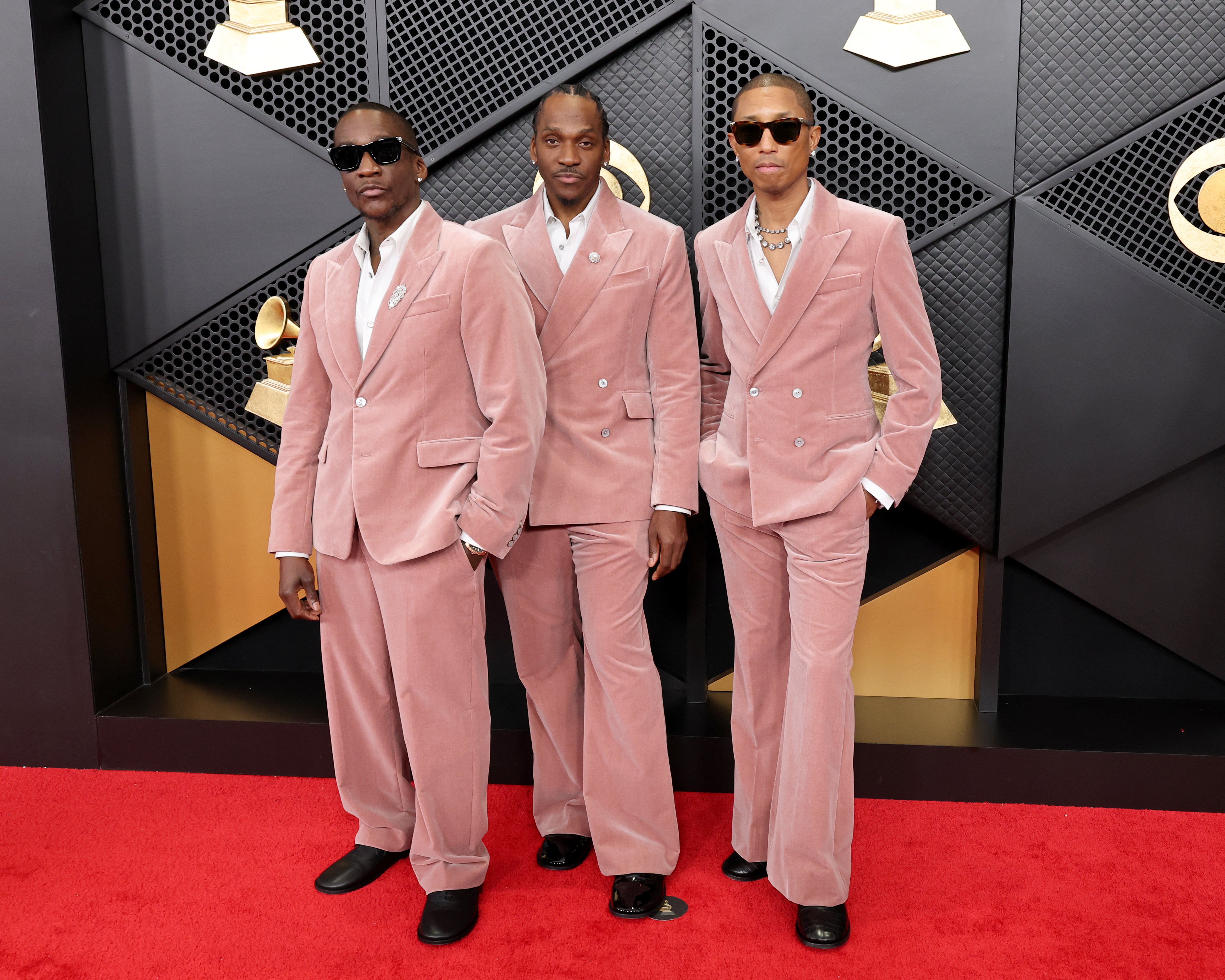 Clipse and Pharrell in matching pink Louis Vuitton suits made for one of the best style moments of the 2026 Grammys.