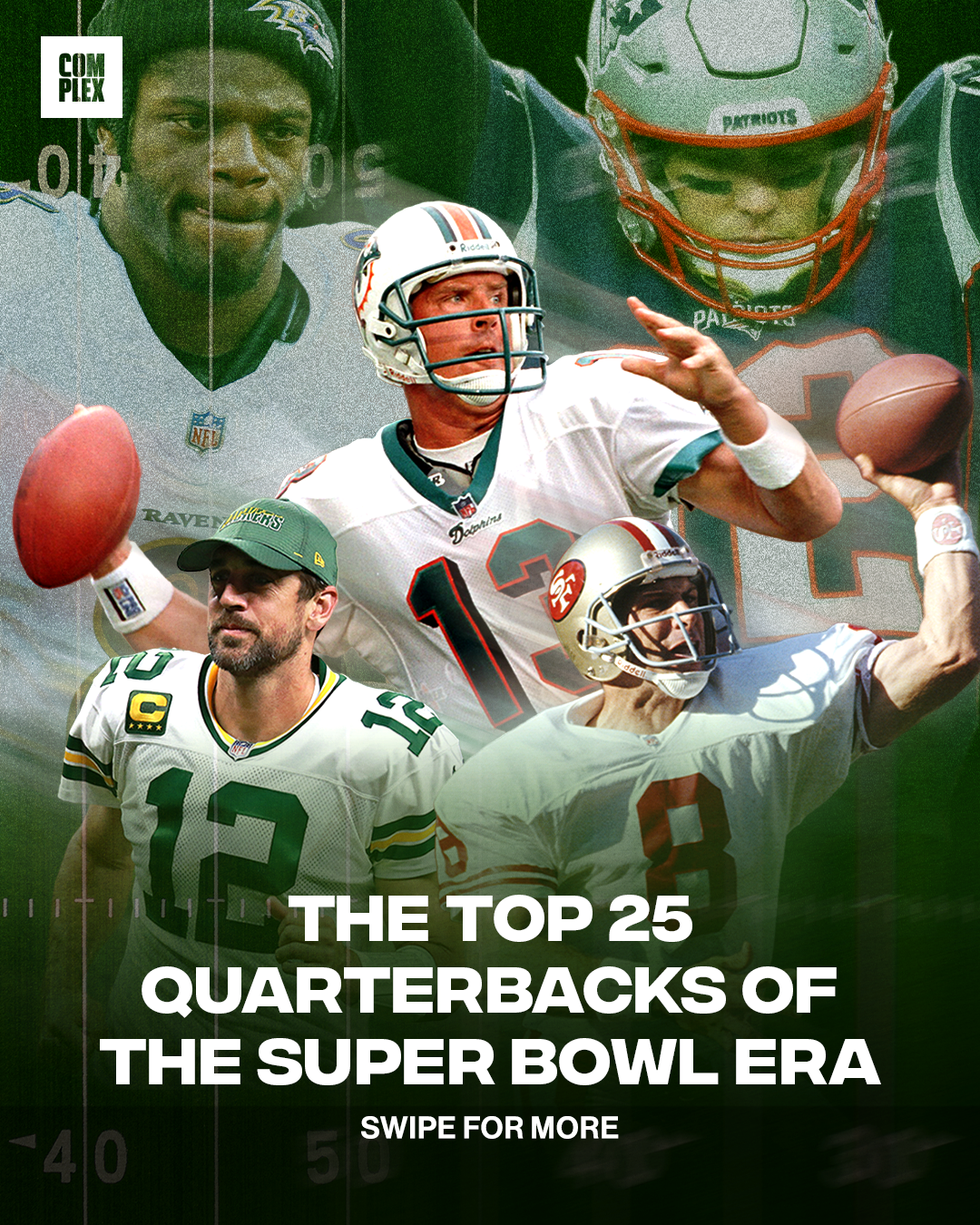 Quarterbacks Lamar Jackson, Tom Brady, Steve Young, Aaron Rodgers, and Dan Marino celebrate touchdowns.