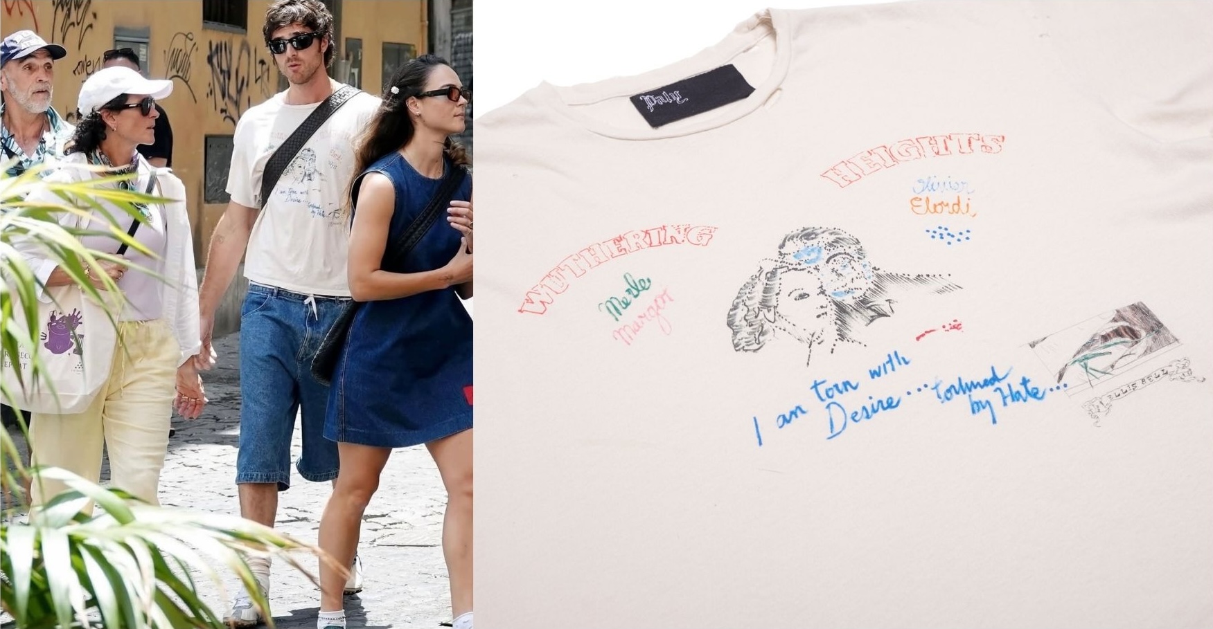 A group of people walking outdoors; a man in a graphic tee and shorts, two women in casual dresses. Close-up of a shirt with text and illustrations.