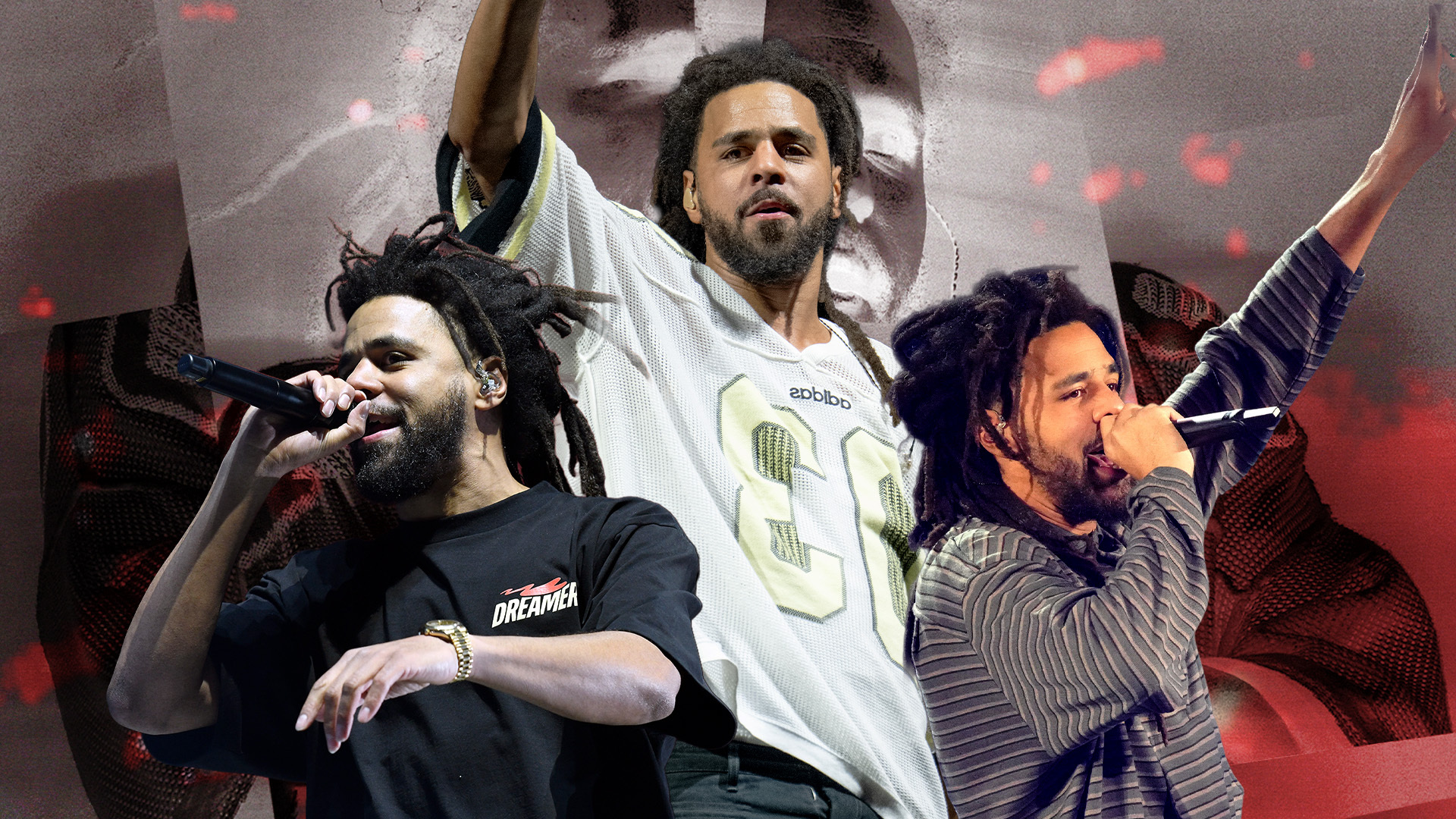 Collage of J. Cole performing, wearing different outfits, with dynamic poses and expressive gestures. Two of the J. Cole's are holding a microphone. 