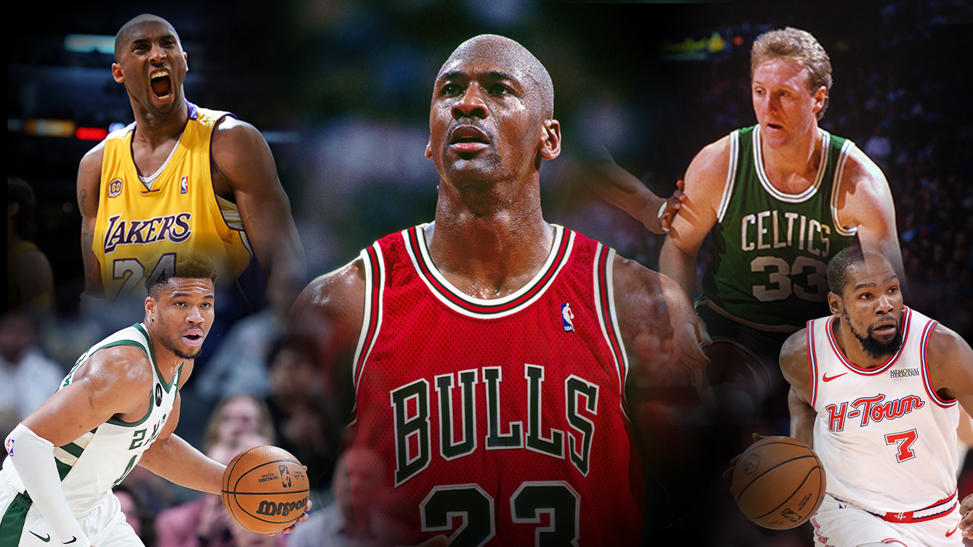 Giannis Antetokounmpo; Kobe Bryant; Michael Jordan; Larry Bird; Kevin Durant