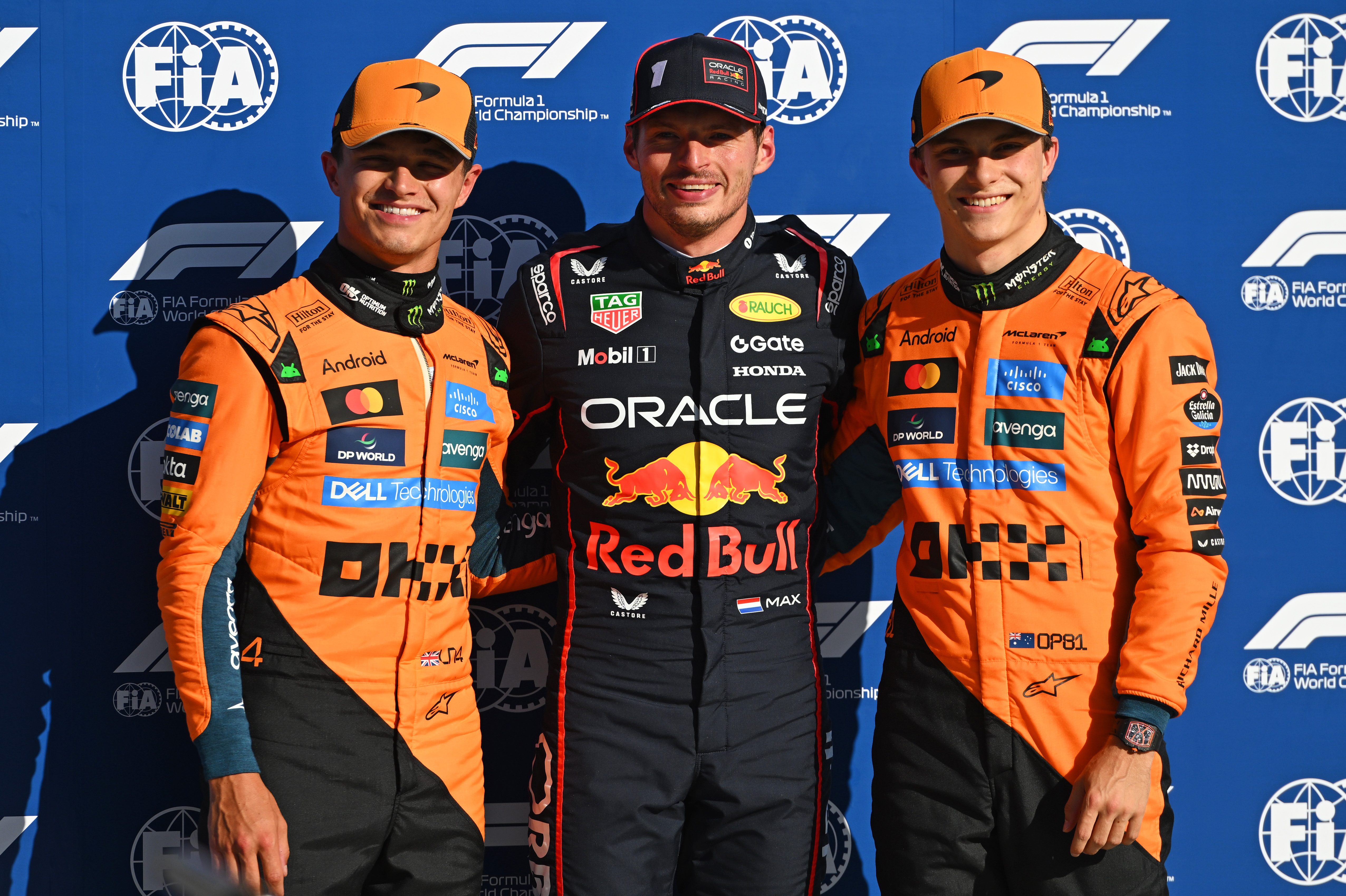 Max Verstappen, Lando Norris, and Oscar Piastri after the qualifier for the 2025 F1 Grand Prix of Italy.