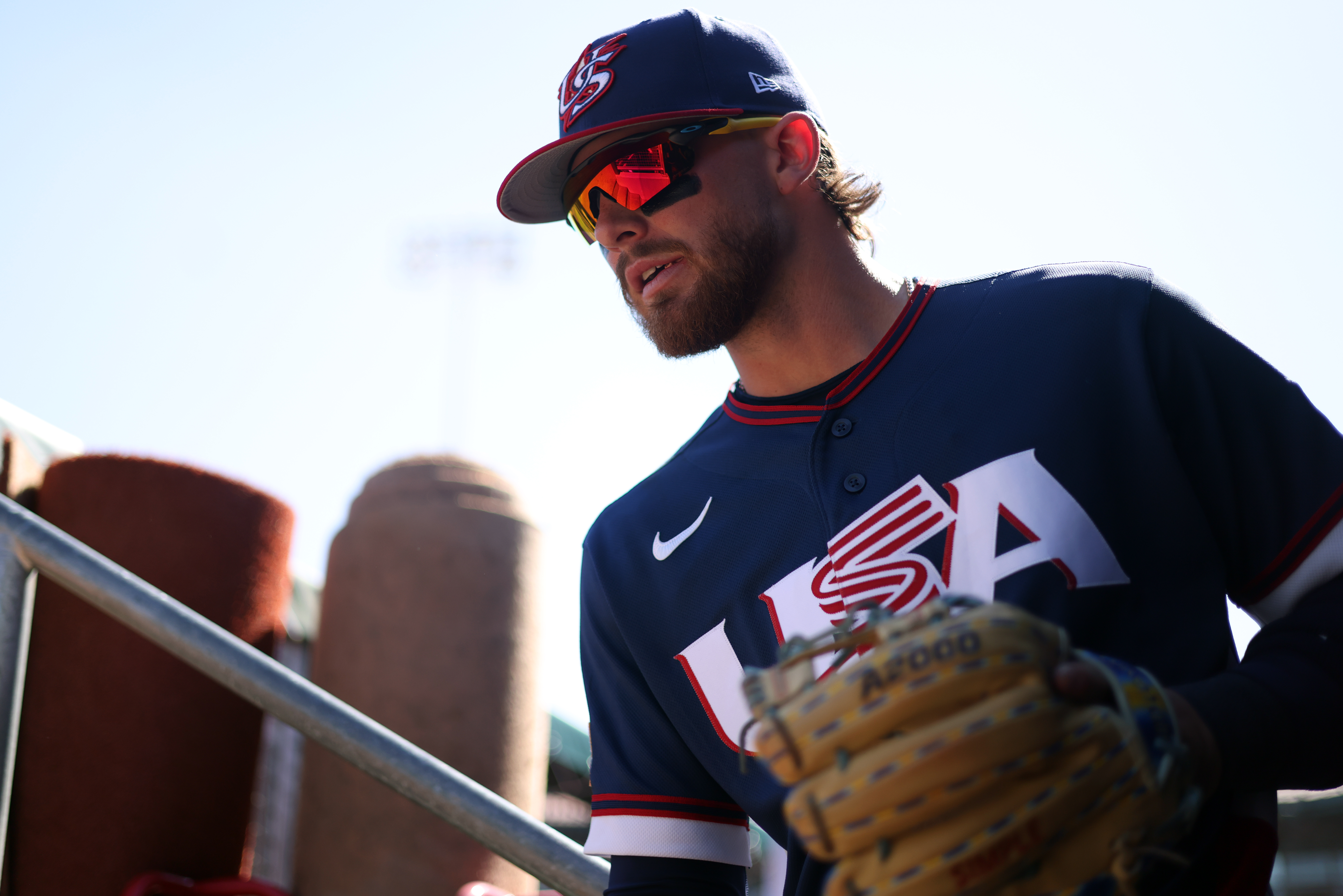 Bobby Witt Jr. looks on during a World Baseball Classic exhibition game between Team USA and the San Francisco Giants.