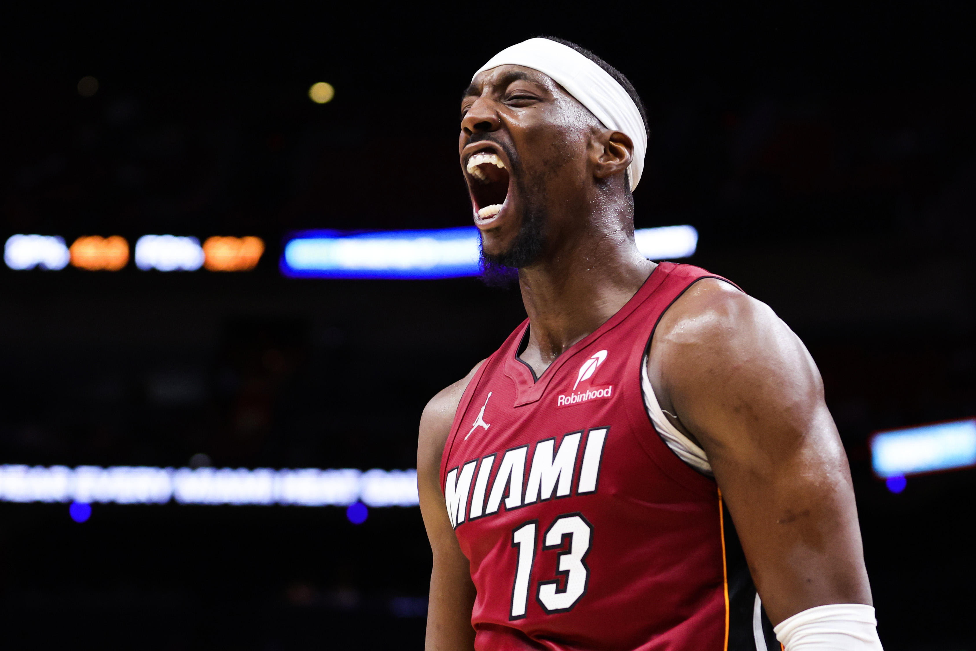 Bam Adebayo of the Miami Heat celebrates during his 83-point game against the Washington Wizards on March 10, 2026. 