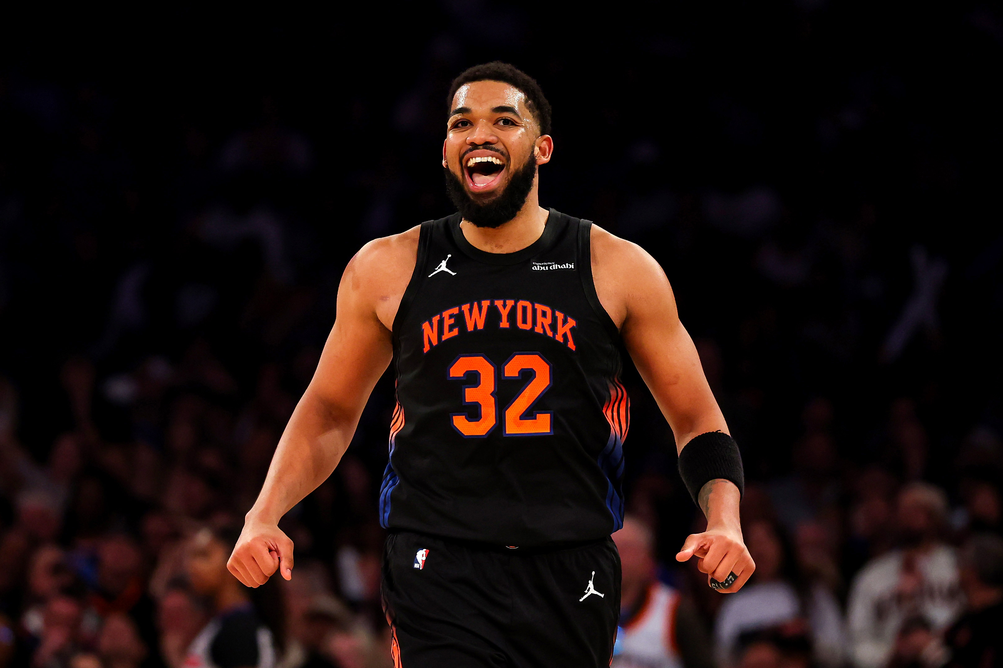 Karl-Anthony Towns celebrates during a Knicks-Pacers game from February 2026.