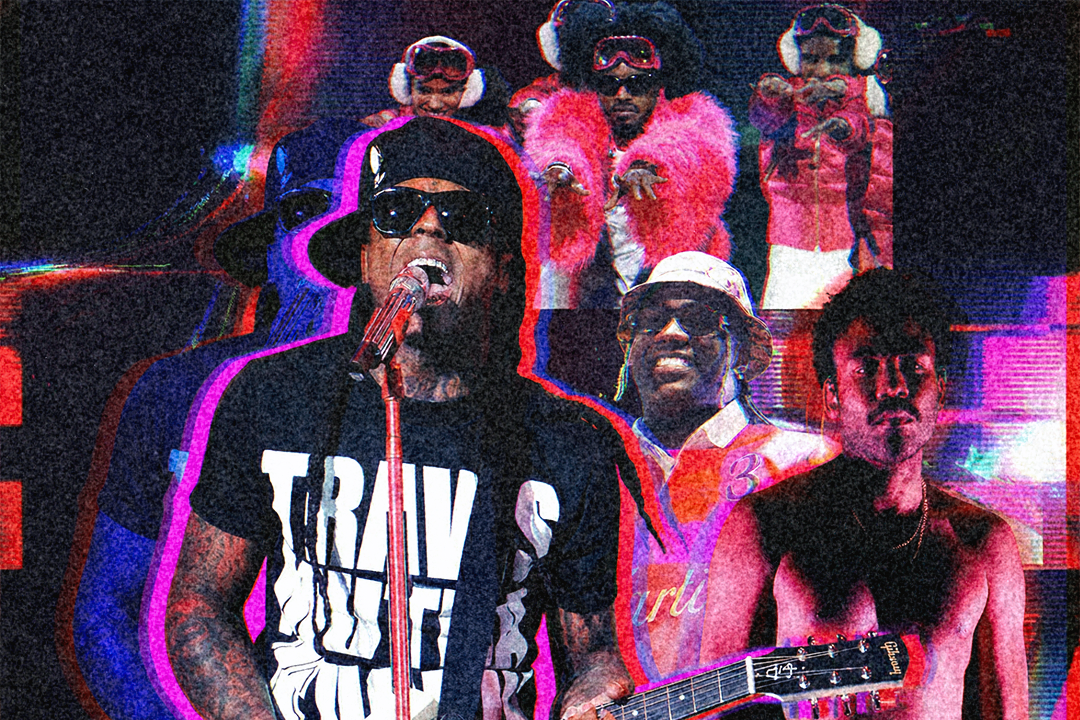 A collage of hip-hop artists performing, featuring Lil Wayne, OutKast, Lil Yachty, Childish Gambino, featuring vibrant colors and dynamic poses, with one holding a guitar and wearing sunglasses.